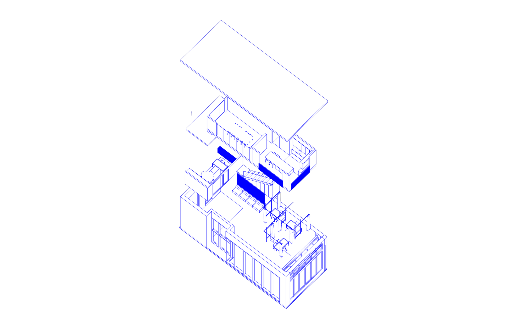 Isometric architectural blueprint of a two-story house with detailed interior layout on a black background.
