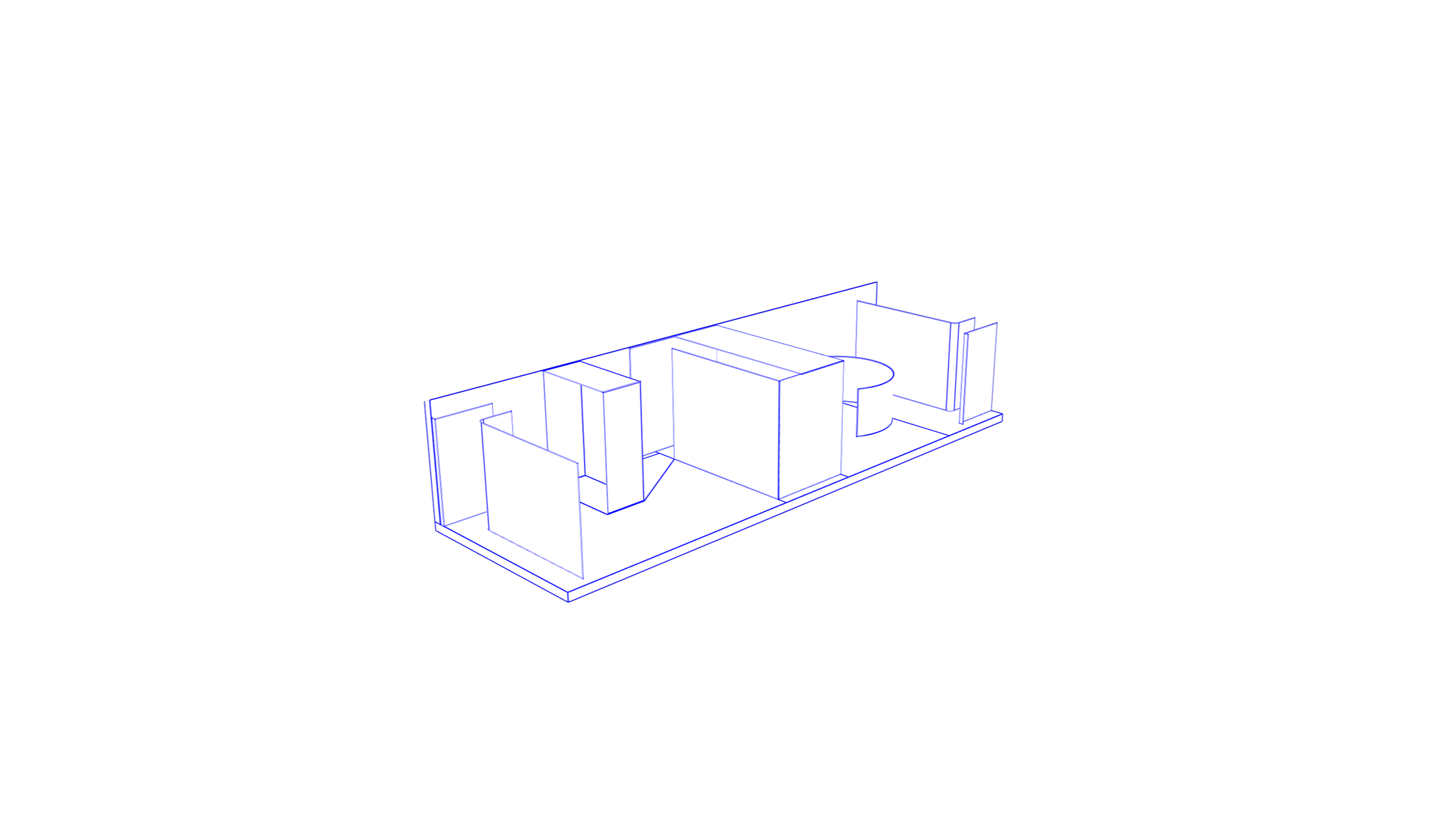 3D blueprint drawing of a small interior space with walls, a circular table, and various partitions.