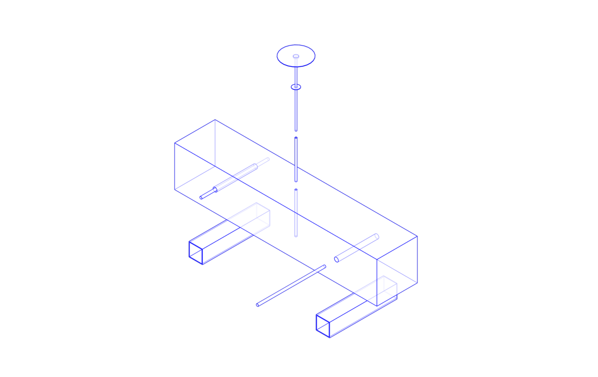 Technical drawing of a mechanical assembly with rods and a vertical support structure in a wireframe style.