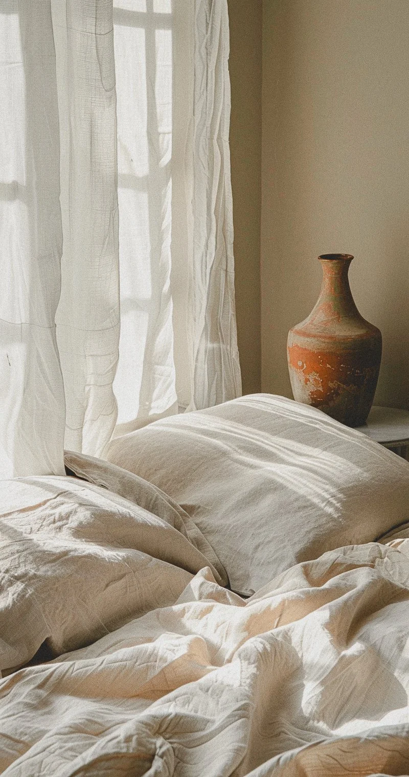 Sunlight streaming through sheer curtains onto a bed with crumpled white linens and pillows, with a large terracotta vase on a bedside table.