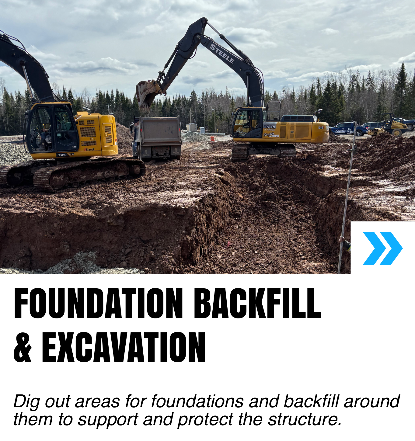 Construction site with excavators digging a foundation backfill for building support.