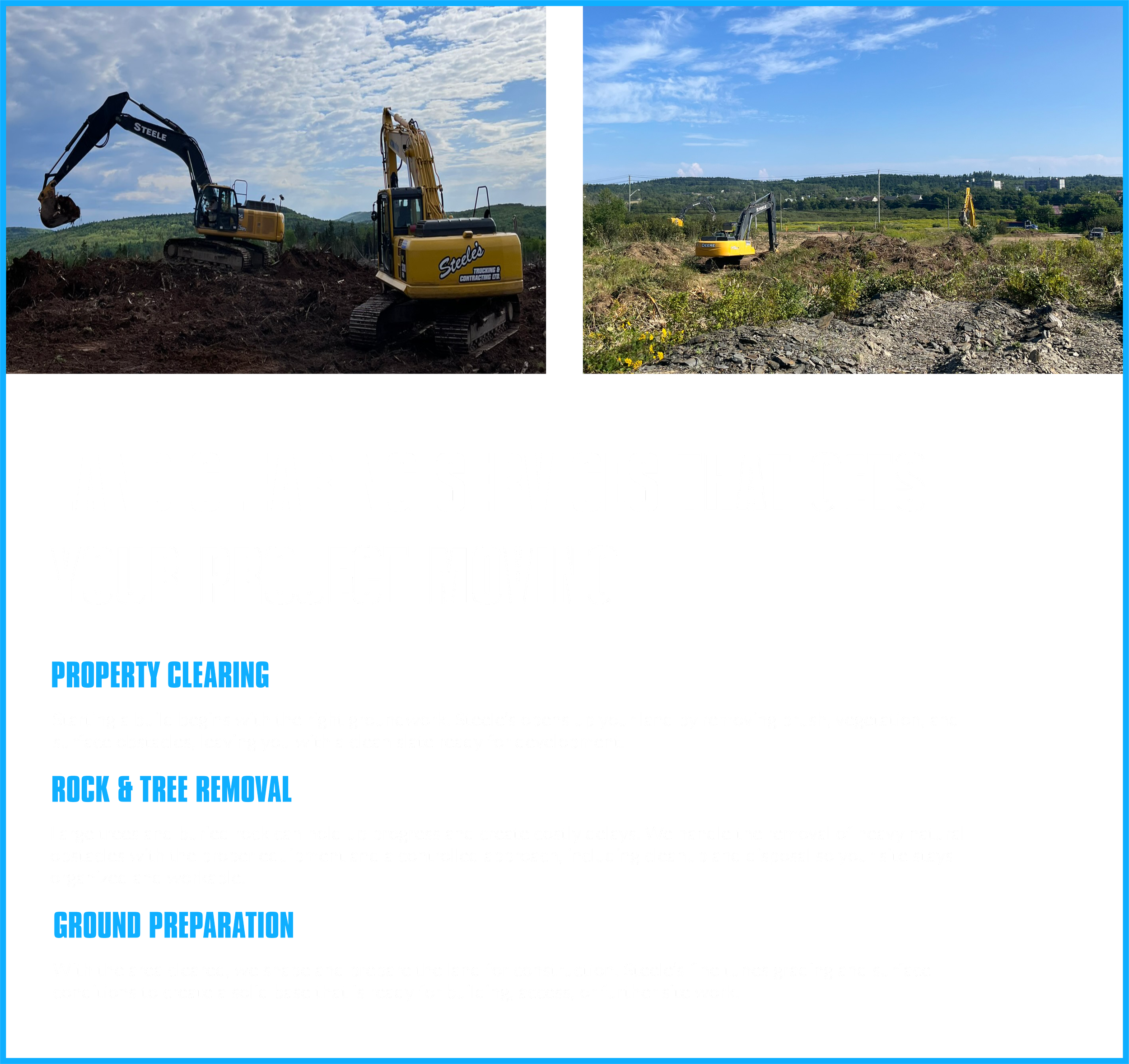 Two construction excavators working on a dirt site under a partly cloudy sky with mountains in the background.