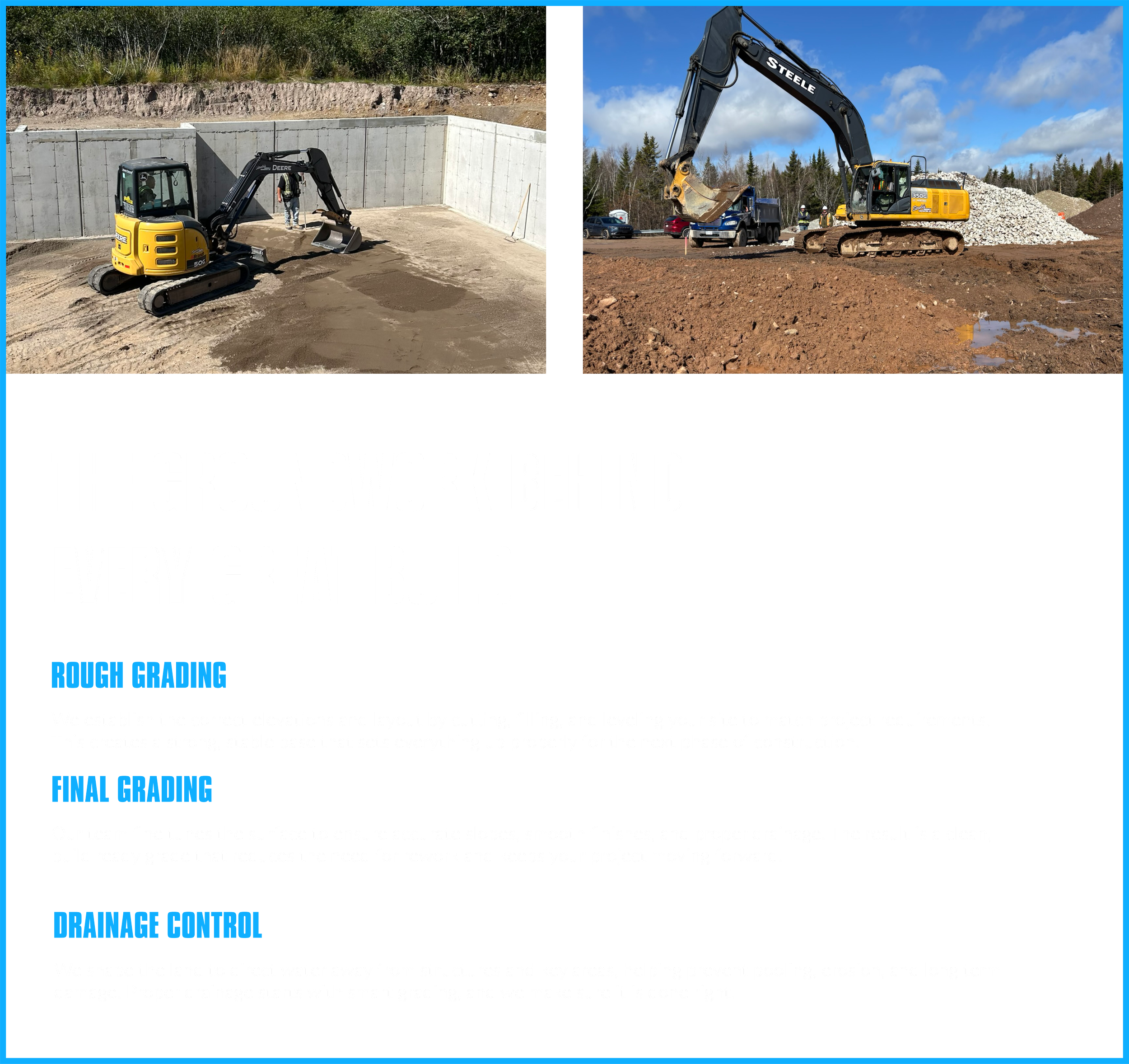 Two construction sites showing excavators moving soil, one with a yellow excavator in a partially enclosed area, and another with a black and yellow excavator working on open ground with parked cars in the background.