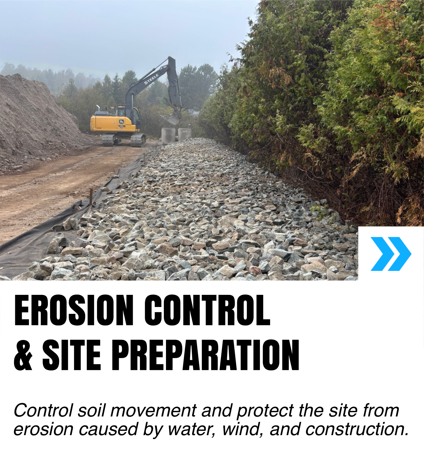 A construction site with a yellow excavator placing rocks on a slope, with trees and overcast sky in the background. The image includes a text overlay about erosion control and site preparation, emphasizing soil movement management.