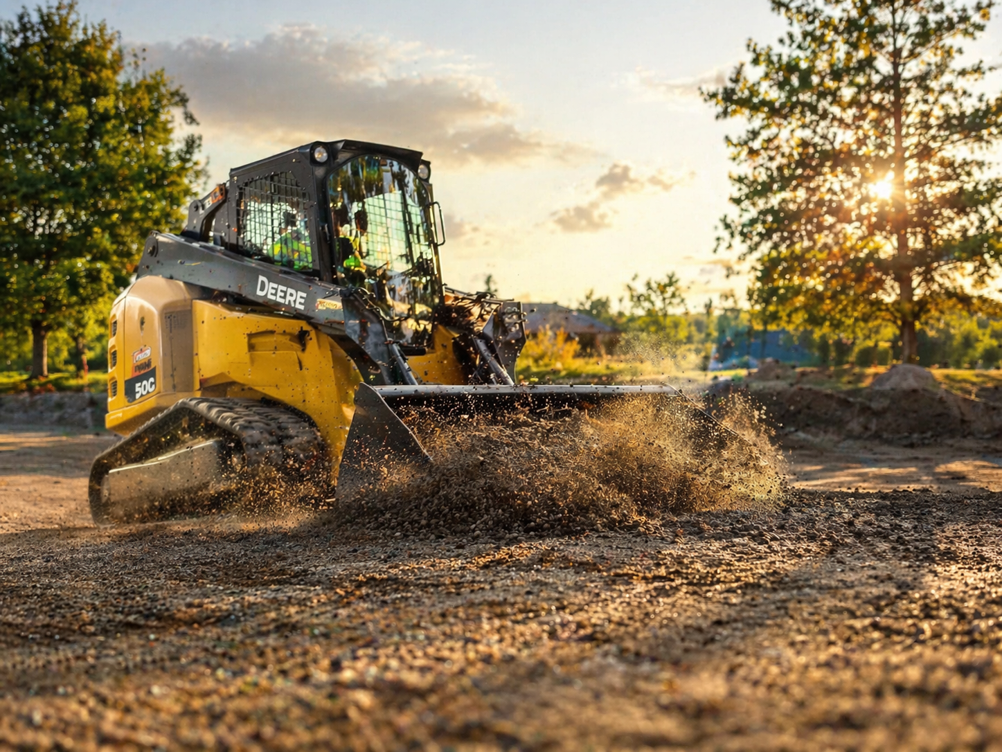 A yellow and black John Deere compact track loader moving dirt on a construction site with trees and sunset in the background.