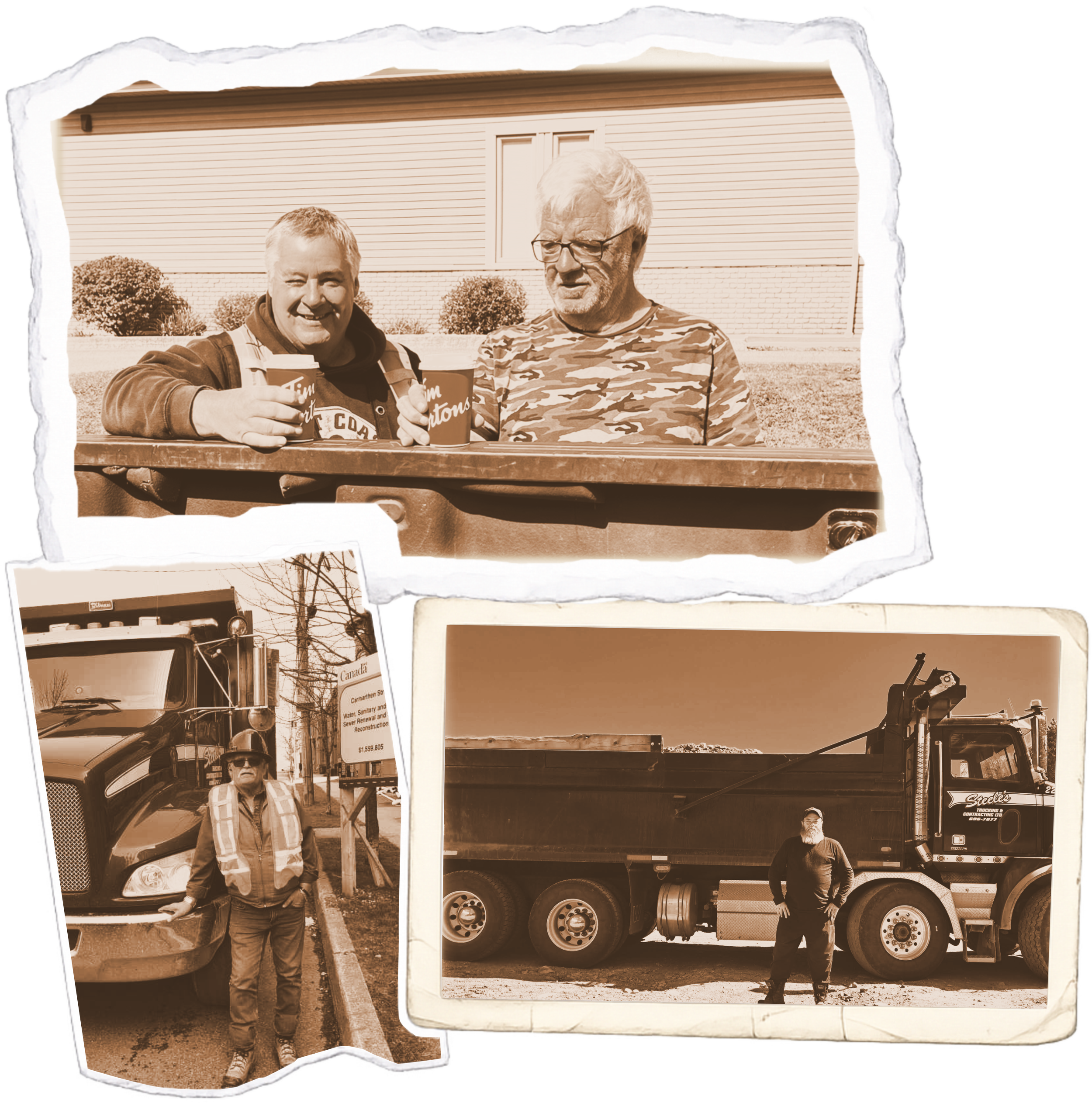 Three sepia-toned photographs. The top photo shows two men sitting at a picnic table outdoors, holding Tim Hortons cups, with one smiling and the other looking down, in front of a building with bushes. The bottom left photo features a man in a reflective vest standing in front of a large truck, surrounded by power lines and a sign. The bottom right photo depicts a man with a beard standing beside a large black dump truck, with a landscape in the background.