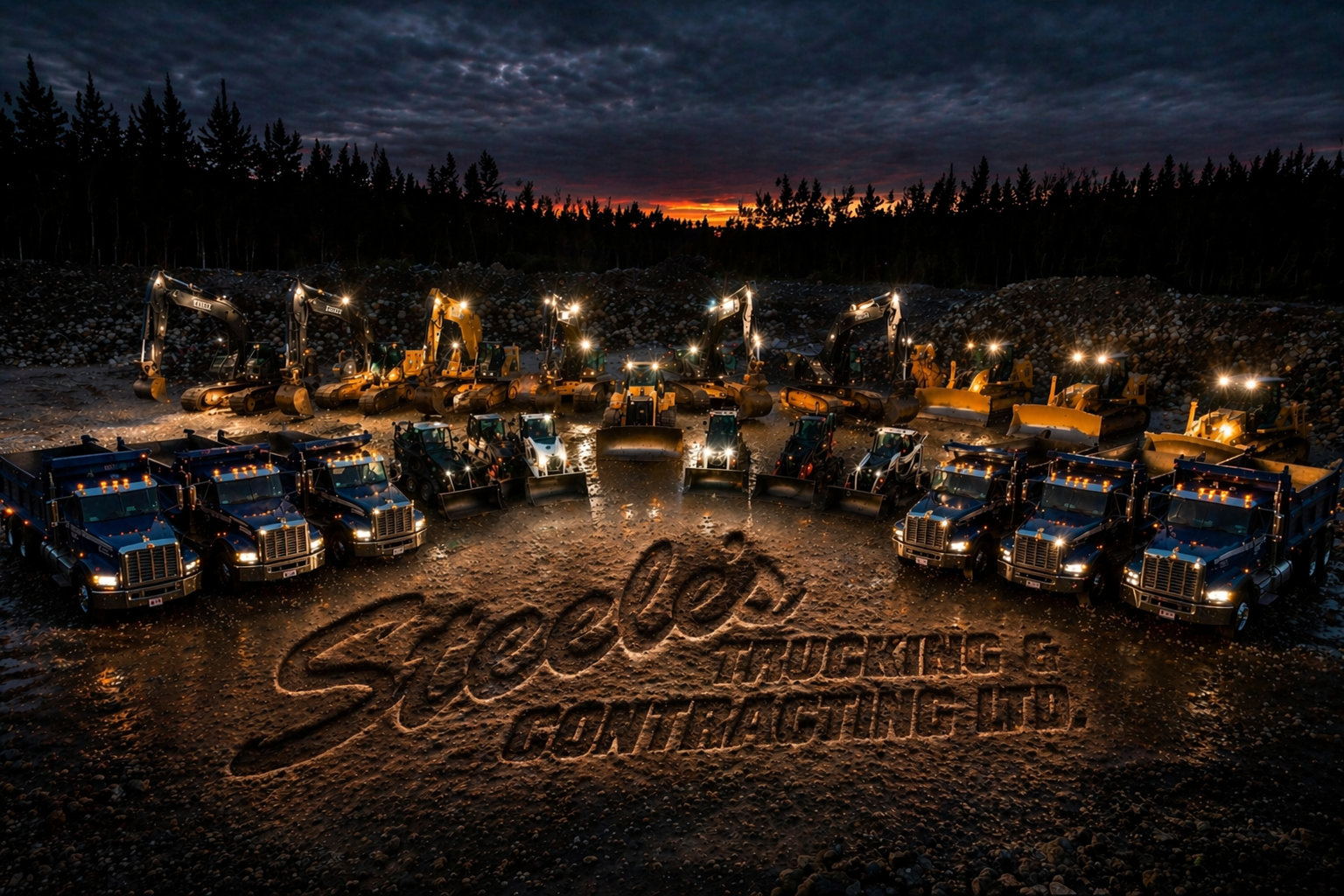 Group of construction vehicles, including dump trucks, bulldozers, and excavators, arranged in a semi-circle at sunset with a dirt ground and a forested background.