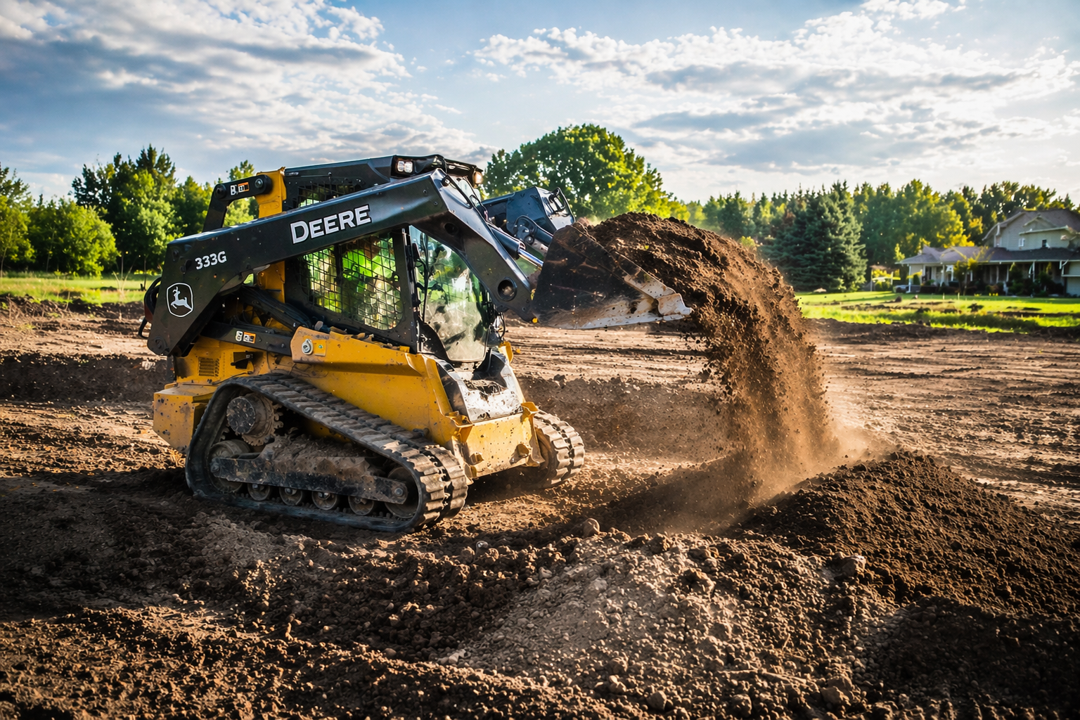 A yellow and black John Deere compact track loader moving dirt on a construction site with houses and trees in the background under a partly cloudy sky.