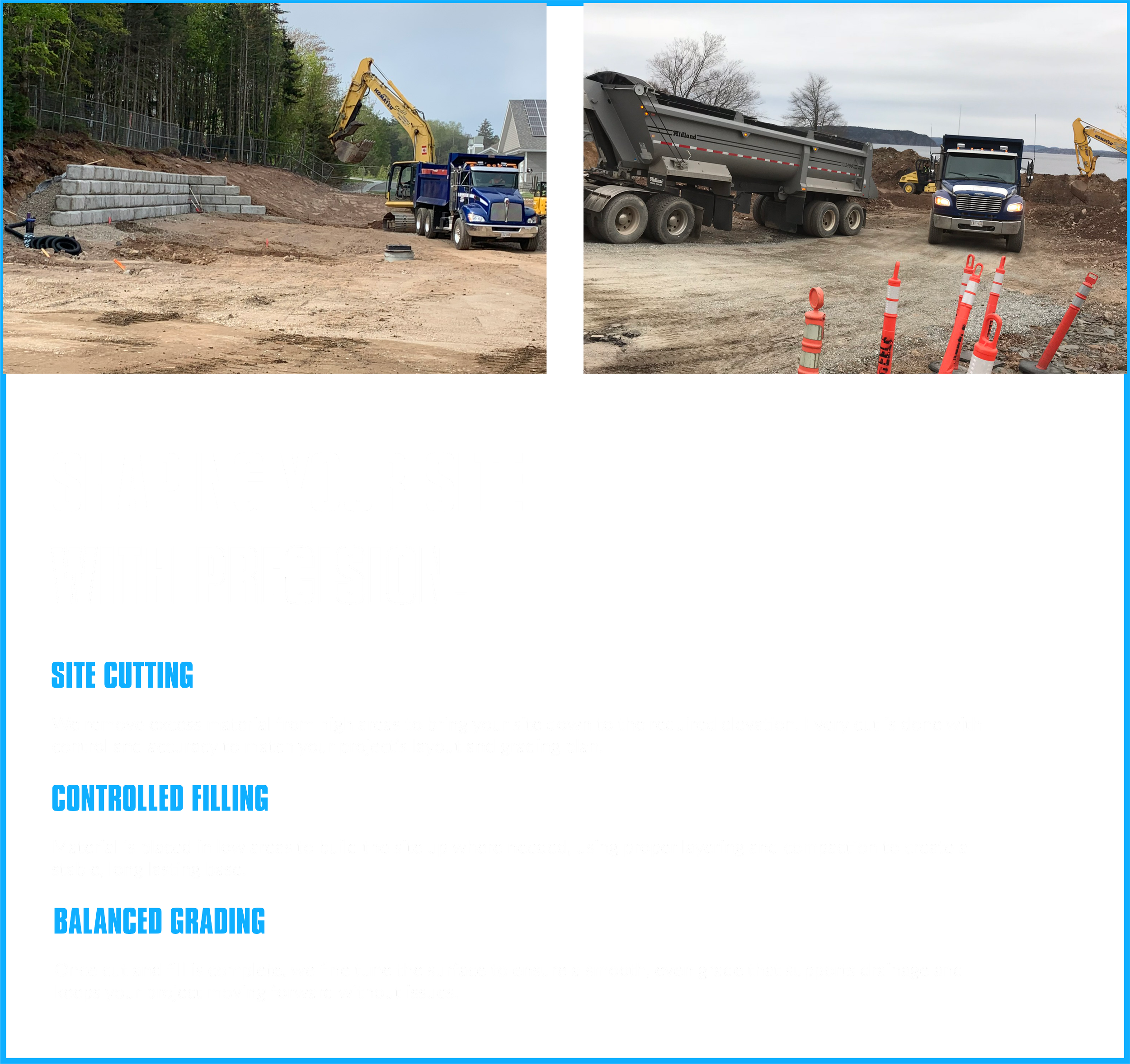 Two construction site images showing heavy machinery and trucks. The left image shows an excavator moving earth near a blue truck, with stairs built on the slope. The right image features a dump truck unloading soil at a site with other construction equipment nearby.