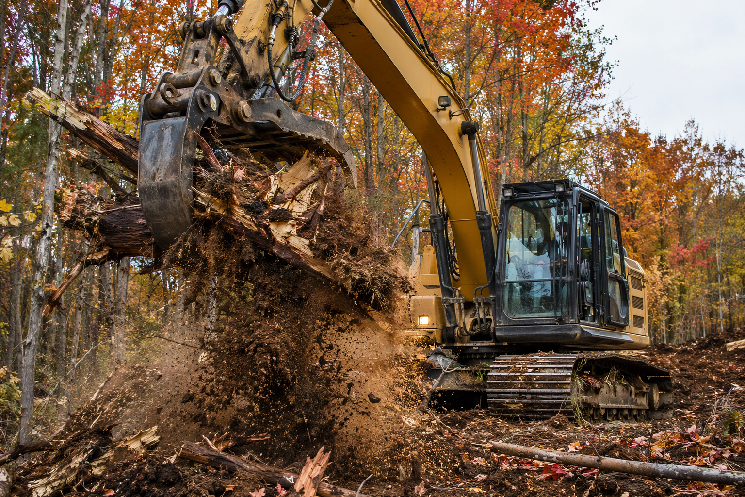 A large yellow excavator with a claw attachment is clearing fallen trees and debris in a forest during autumn, with colorful fall foliage in the background.