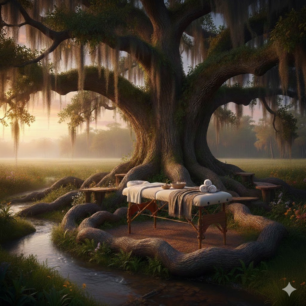 A peaceful outdoor scene with a large, old tree with hanging moss. There is a massage table with rolled towels and bowls placed under the tree near a small stream, illuminated by soft, warm sunlight at sunset.