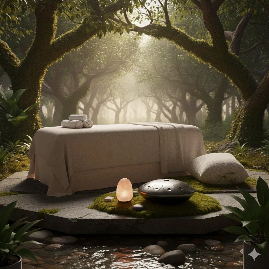 A massage table set up in a forest with trees, soft lighting, a Himalayan salt lamp, a stone singing bowl, towels, a cushion, and plants around.