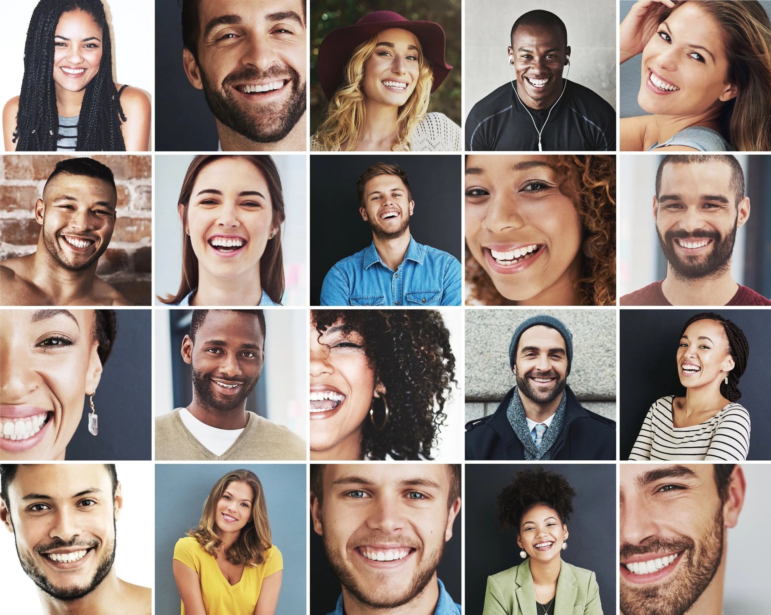 Collage of 20 diverse smiling people, including men and women of different ethnicities and styles, in various indoor and outdoor settings.