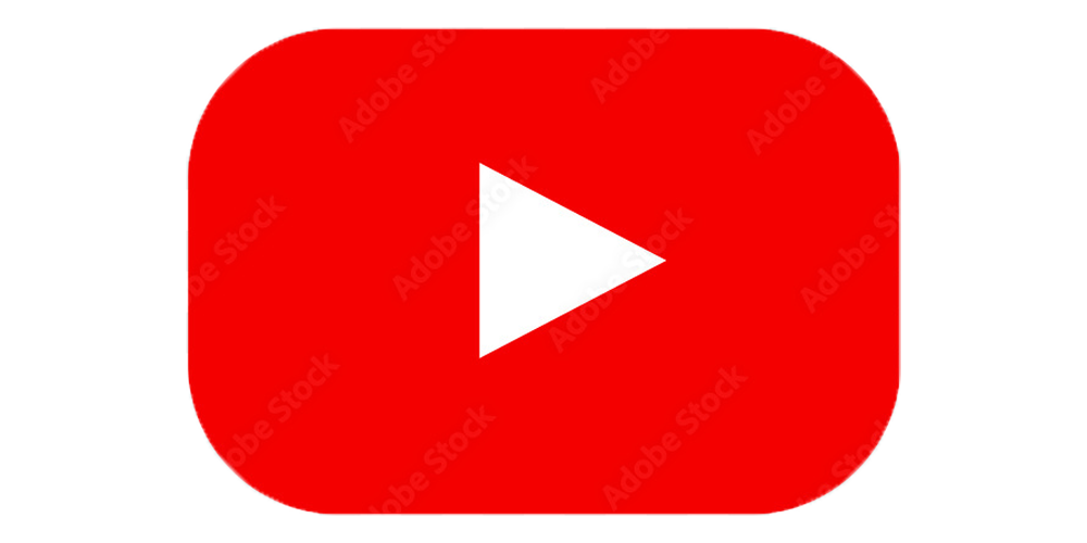 YouTube logo with a red rounded rectangle and a white play button in the center.