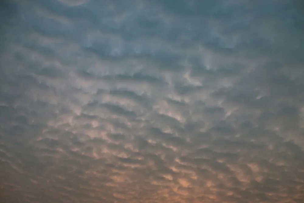 Cloudy sky at sunset or sunrise with textured cloud formations.