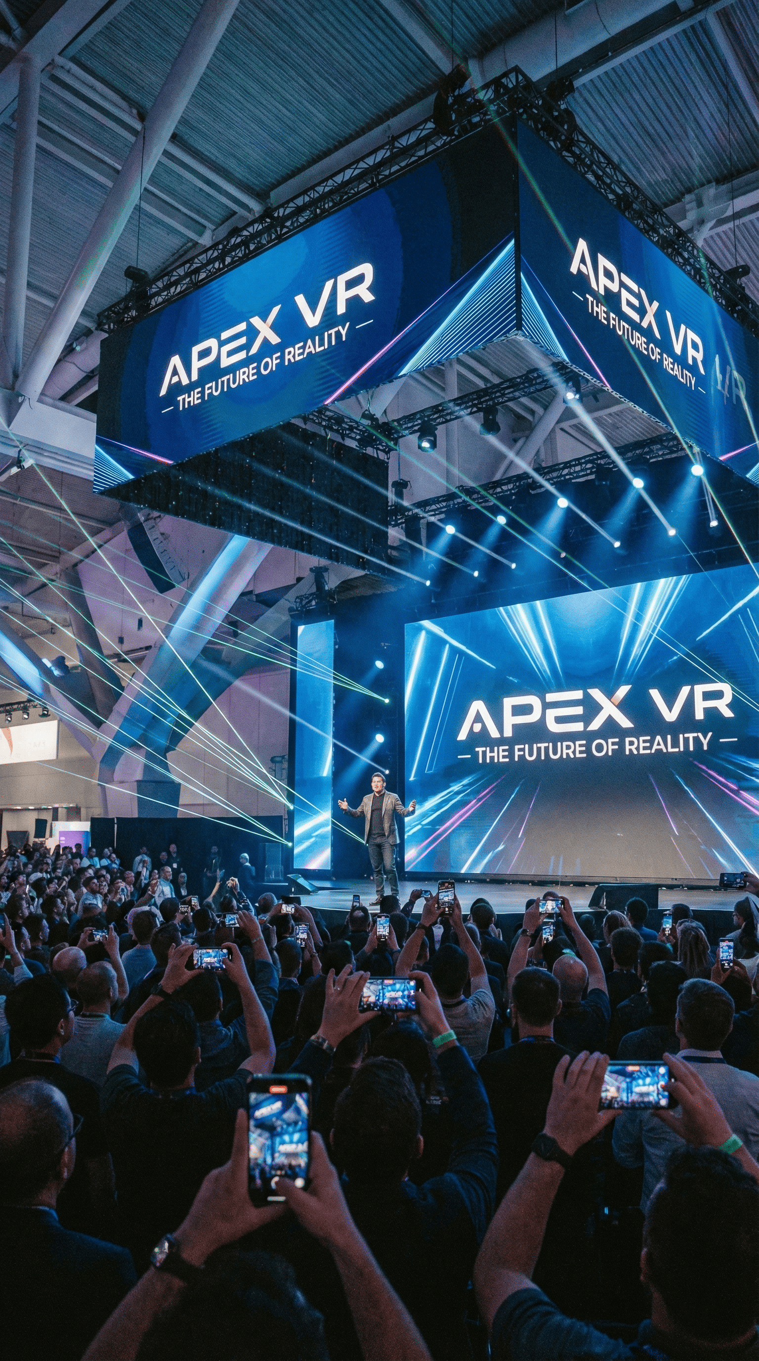 Presentación de lanzamiento tecnológico en evento en vivo, con escenario LED, keynote y diseño visual inmersivo para marca de realidad virtual, ejemplo de identidad de eventos y storytelling visual profesional.