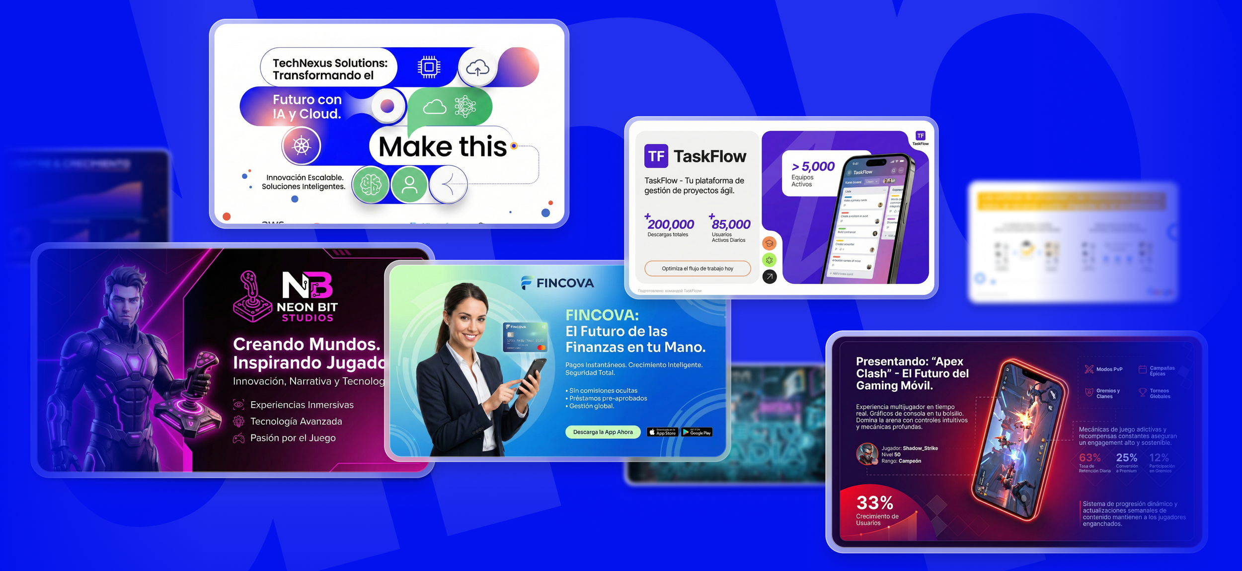 Colección de anuncios y promociones de diferentes empresas tecnológicas y de entretenimiento, incluyendo soluciones de inteligencia artificial, plataformas de gestión de proyectos, aplicaciones financieras y videojuegos, con fondos en azul y colores llamativos.