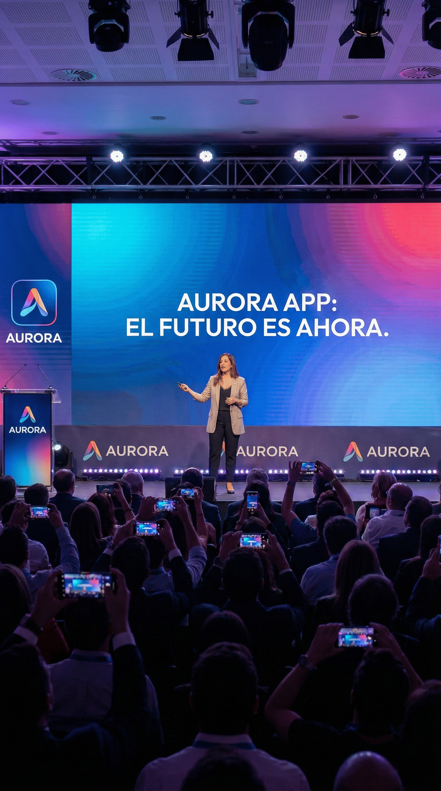 Evento tecnológico con presentación en escenario LED, keynote y diseño visual inmersivo aplicado a identidad de eventos y comunicación estratégica.