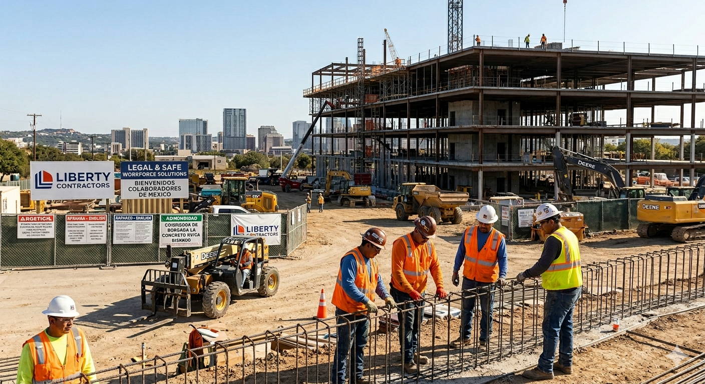 Obreros construyendo un edificio en un sitio de construcción, con maquinaria y estructuras en desarrollo, en un fondo de ciudad con edificios altos.