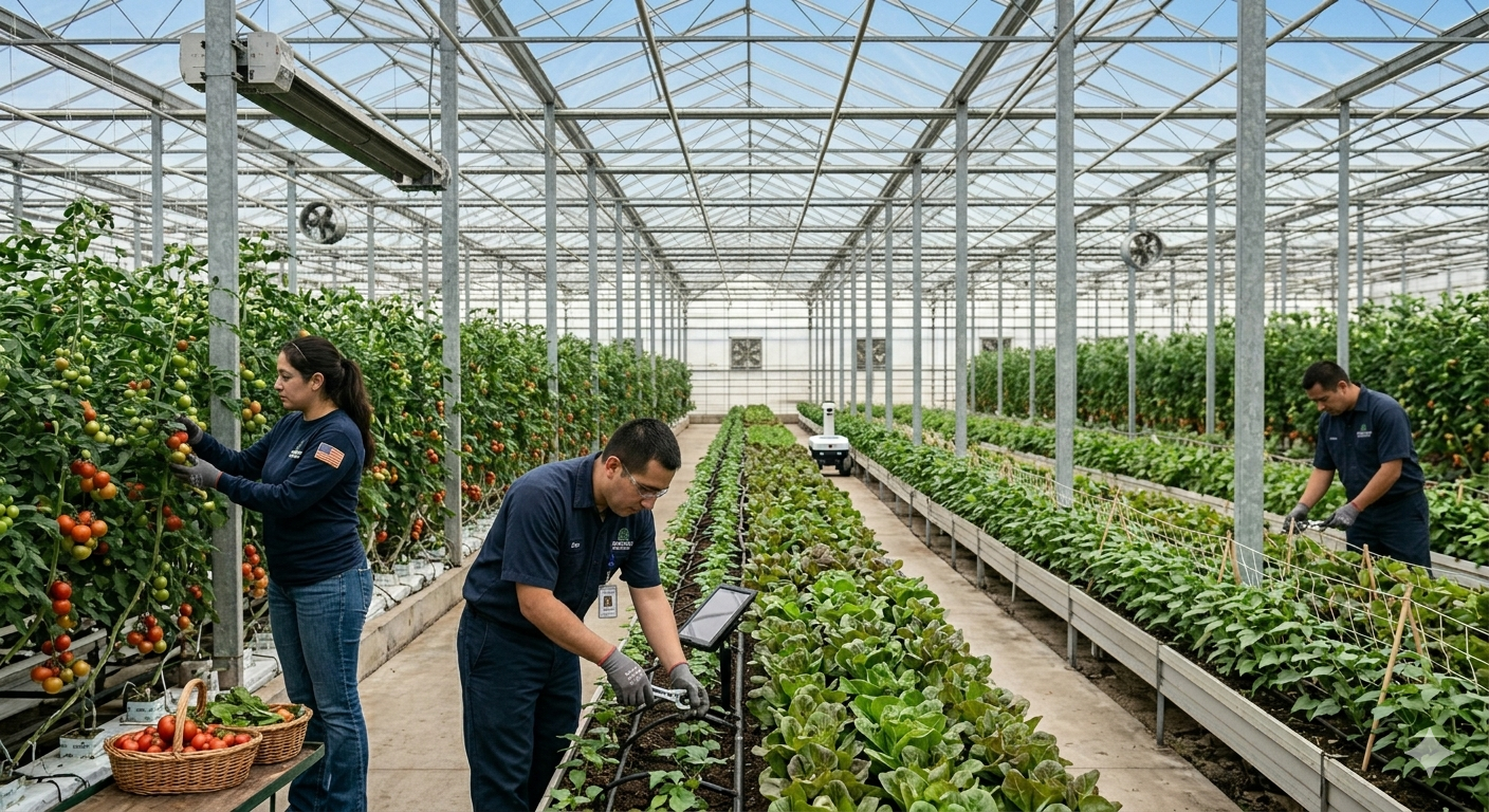 Personas trabajando en un invernadero con plantas de tomate y otras hortalizas.
