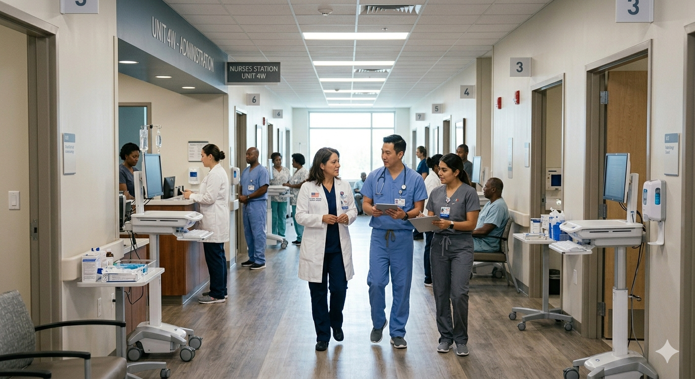 Equipo médico caminando y conversando en un pasillo de hospital con pacientes y personal de salud en las habitaciones y estaciones de trabajo.