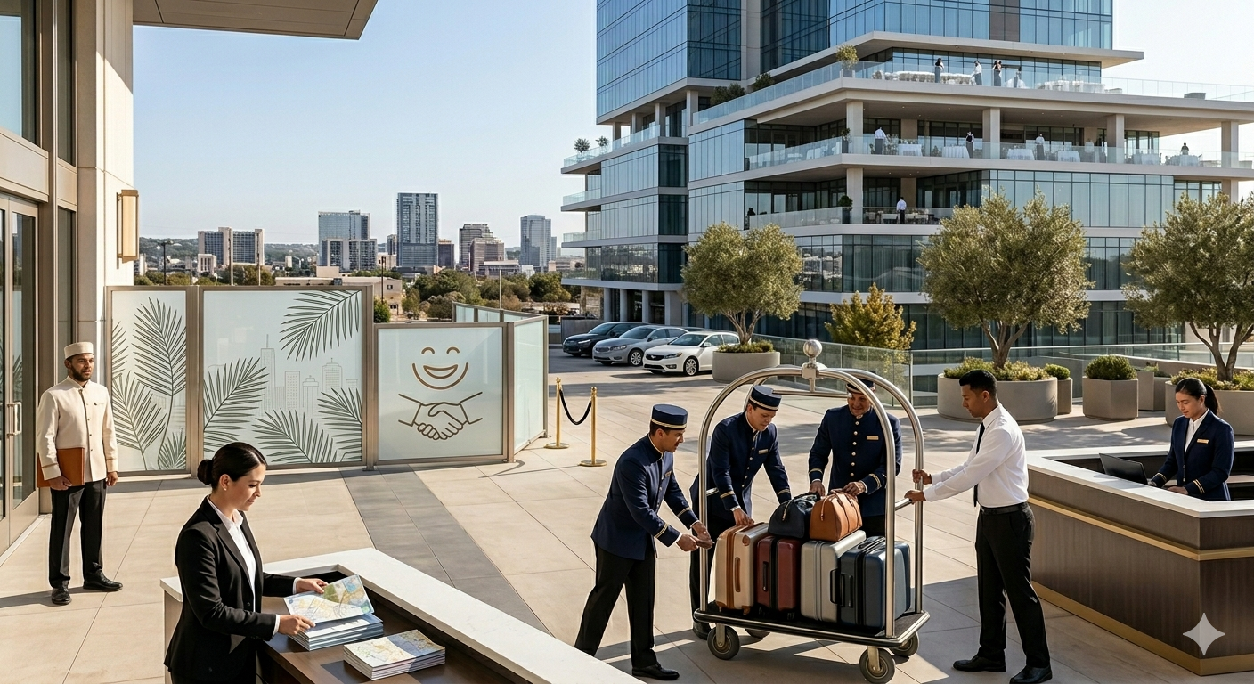 Personal de hotel con uniforme ayudando con las maletas en la entrada del hotel de lujo. La fachada del edificio moderno con varias plantas, jardines y un área de recepción.