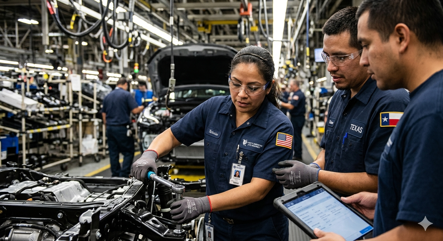Técnicos trabajando en la línea de ensamblaje de autos en una planta de fabricación, usando gafas de protección y guantes.