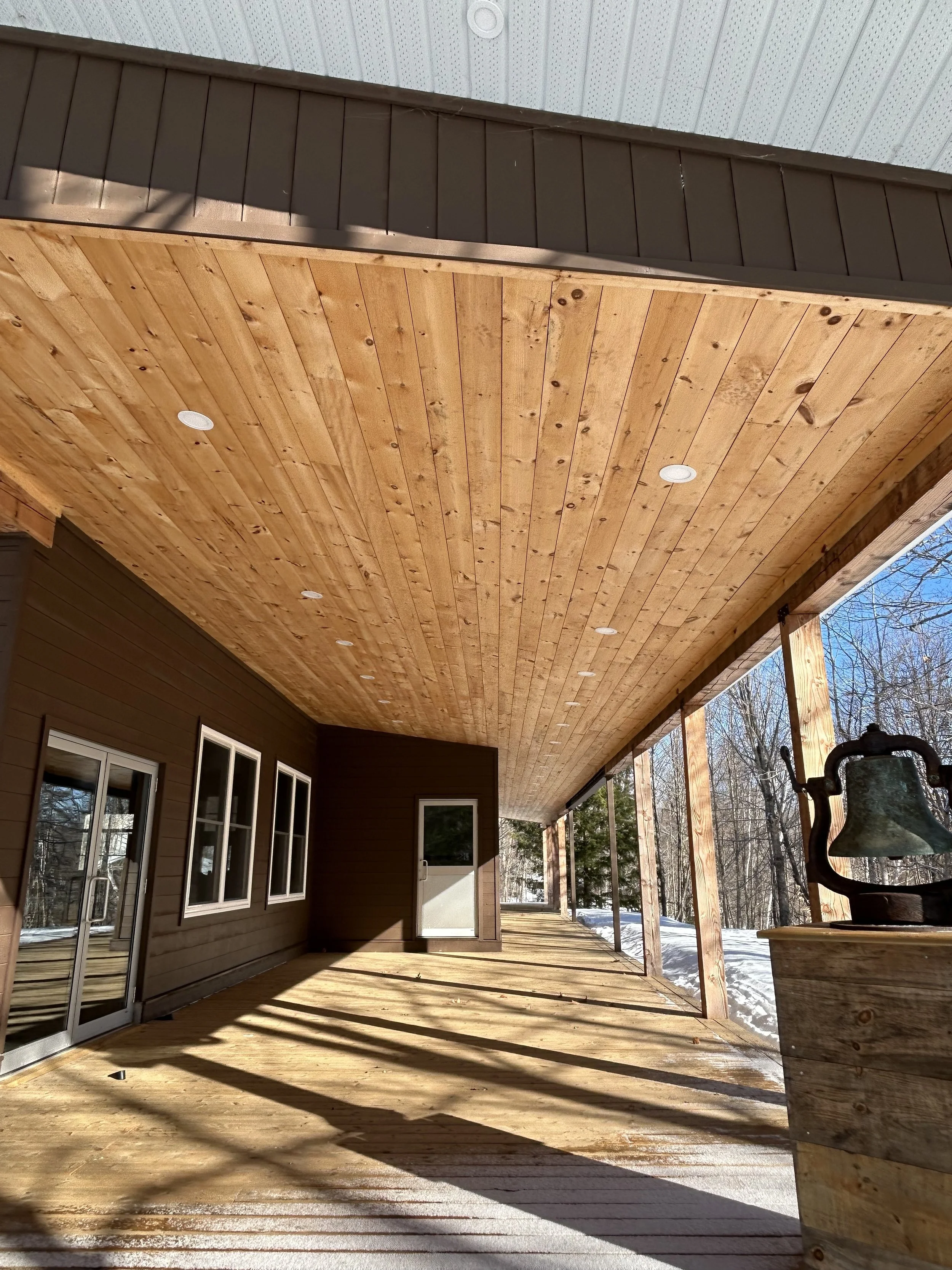 Wooden porch with ceiling and floor, brown siding walls, windows, door, and outside trees in the background on a sunny day.