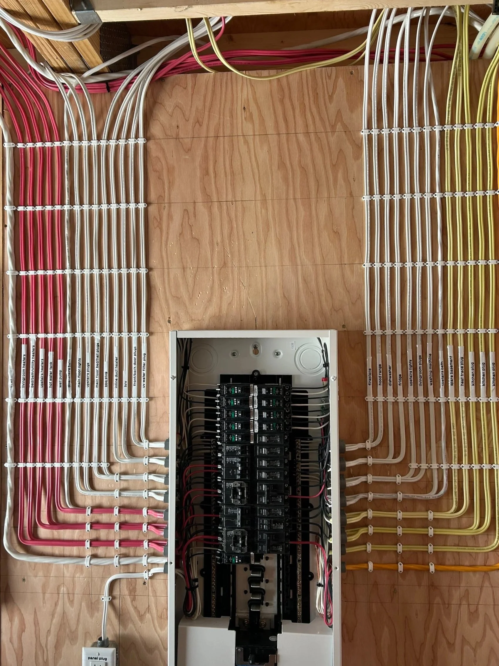 Electrical wiring panel with organized colorful wires, circuit breakers, and a wooden wall background.