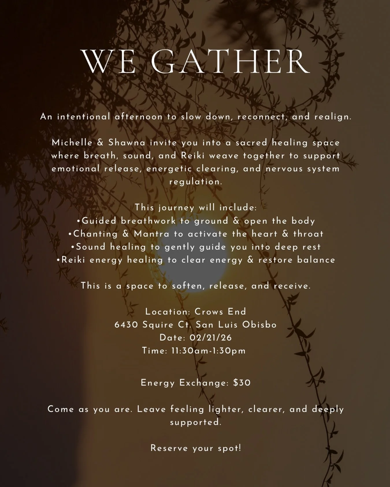 If your soul has been asking for stillness and community, we invite you to join us for an afternoon of mantra, breath, reiki and sound &bull; intentionally created to guide you towards clearing energy, quieting the mind, and restoring balance.

We&rs