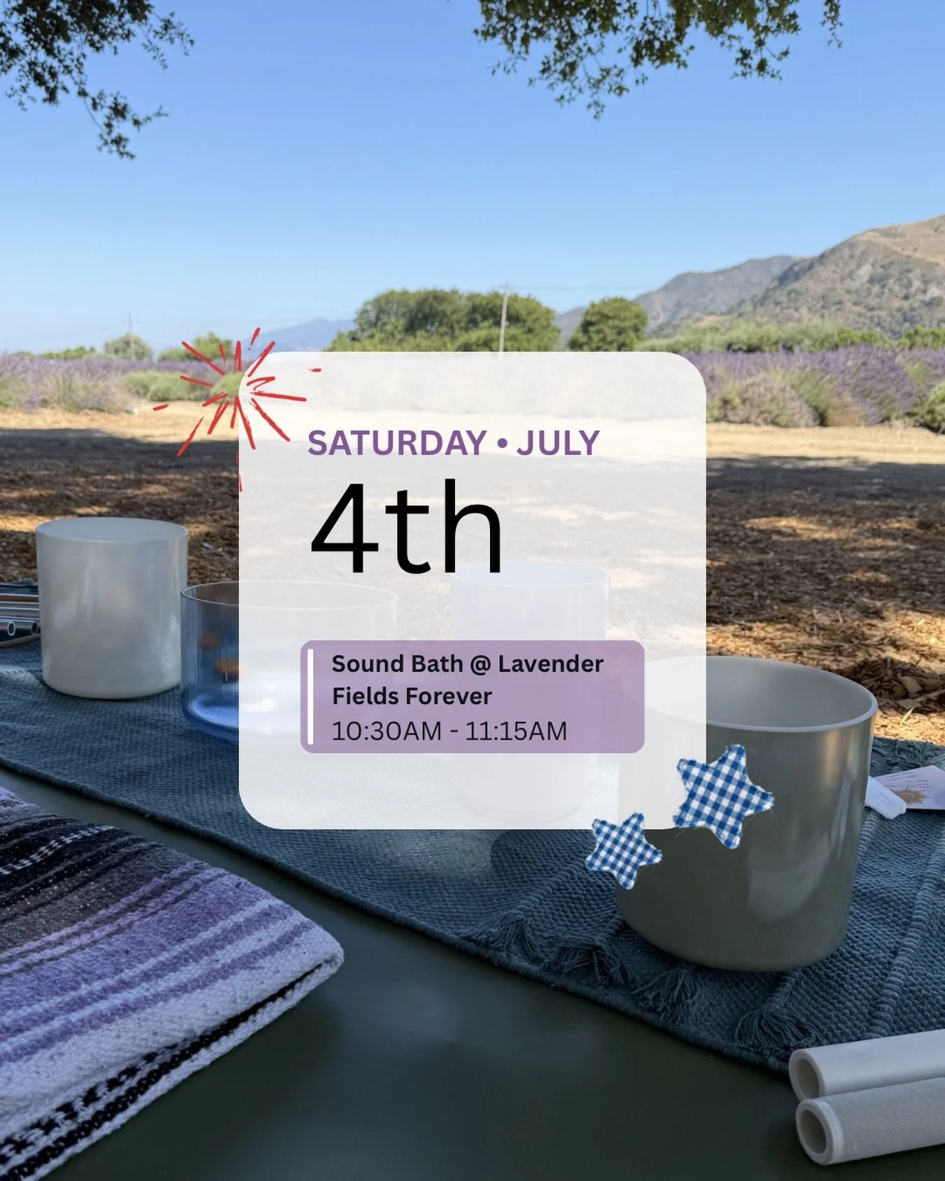 Hey Siri, add 4th of July Sound Bath to the calendar🪻

Start your 4th of July celebrations with a special and very seasonal sound bath! Immersed in blooms of the lavender and its calming aroma, take in the morning and receive. 

Follow the morning u