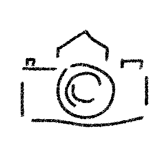 Outline drawing of a camera with a lens in the center and a strap above it.