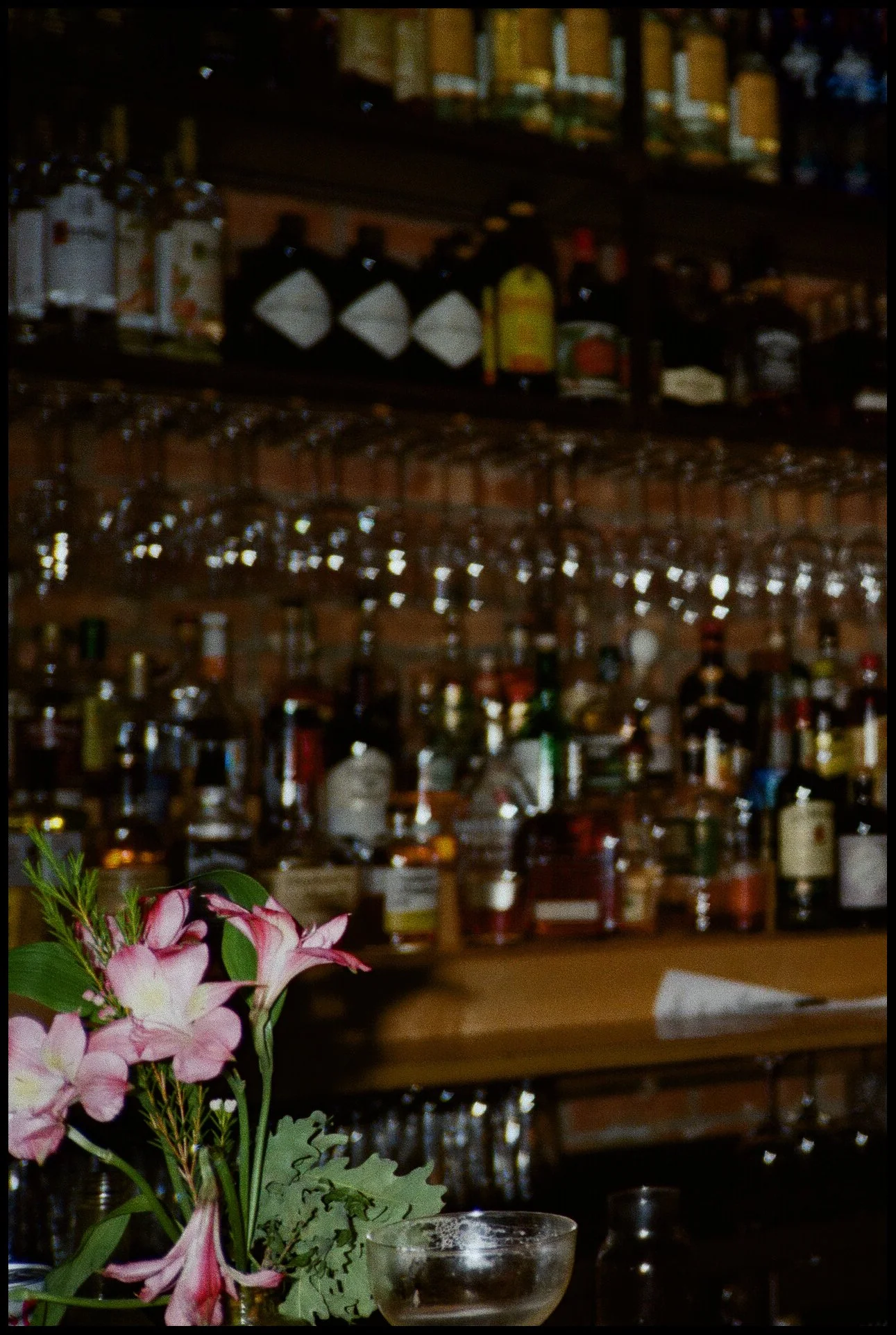 A bar with shelves of liquor bottles and hanging glassware, and a vase of pink flowers on a table in the foreground.