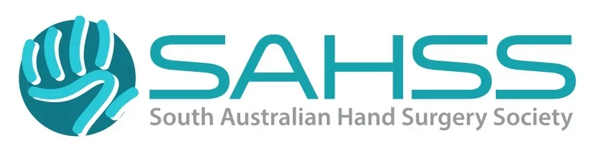 Logo of South Australian Hand Surgery Society featuring a stylized blue and white hand within a circular design.