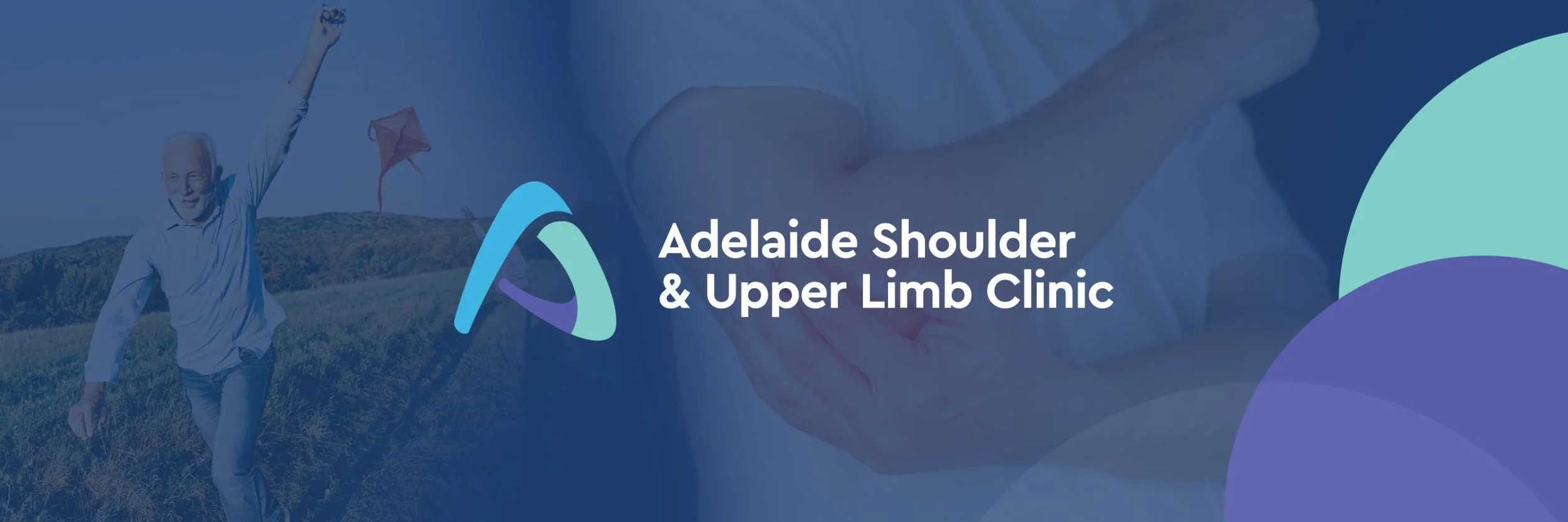 Logo of Adelaide Shoulder & Upper Limb Clinic with a background of a man flying a kite in a field and a faint overlay of a healthcare professional's hands.