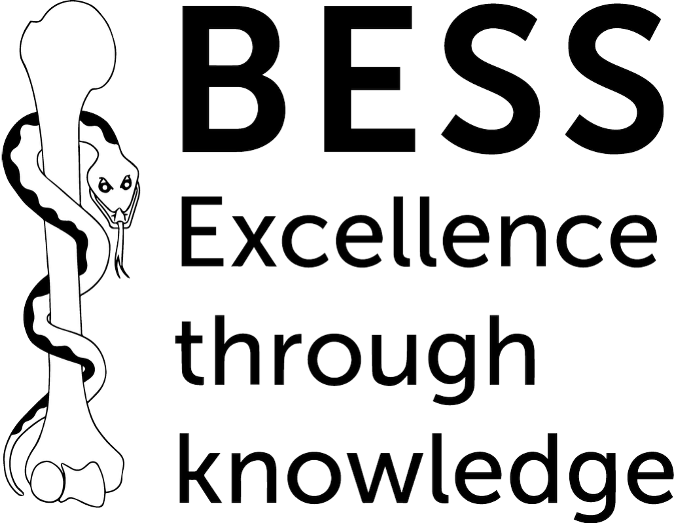 Text reading 'BESS Excellence through knowledge' with a stylized snake wrapped around a medical staff.