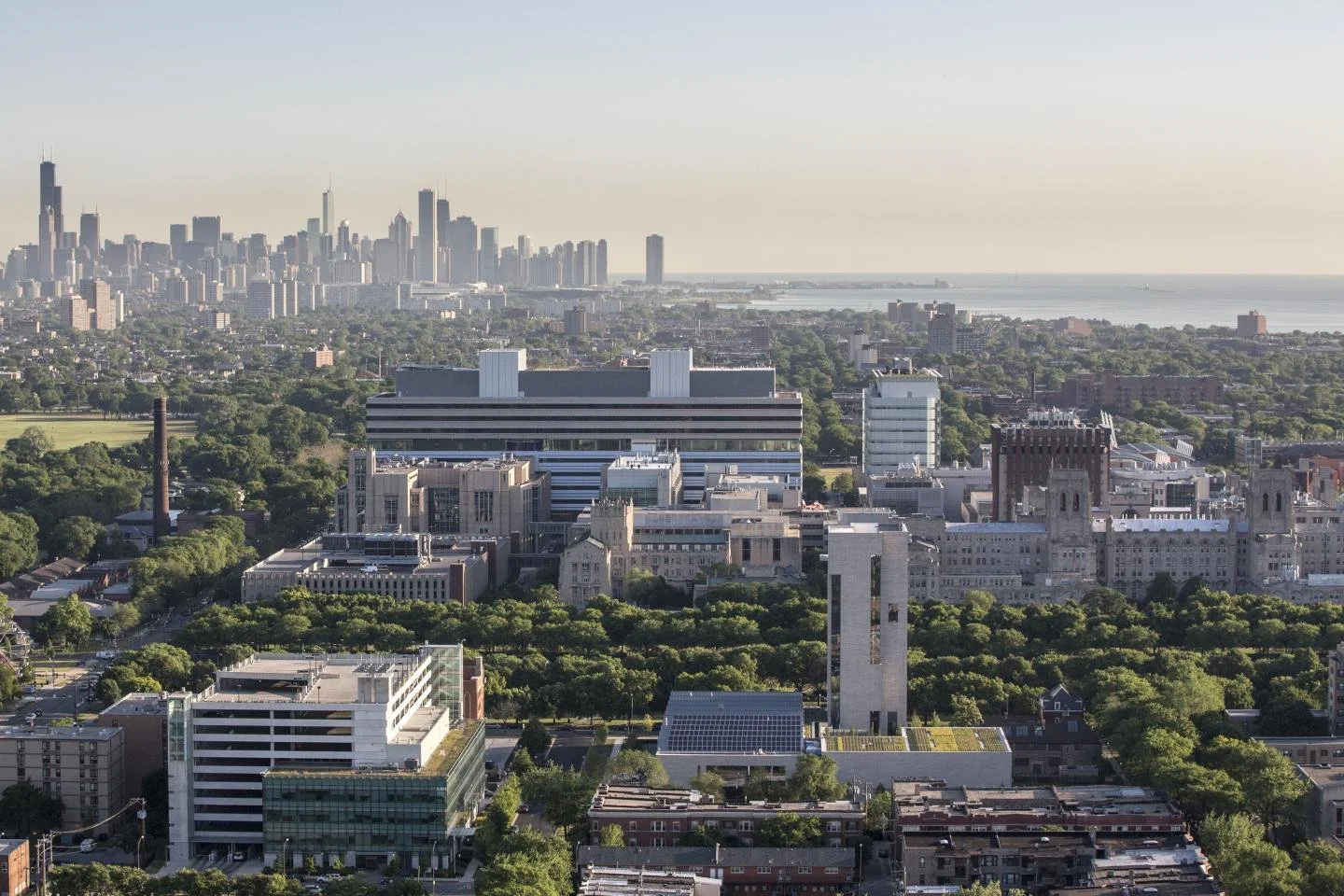 A city skyline featuring tall buildings in the distance, a mix of greenery and low-rise structures in the foreground, with a body of water visible on the horizon.