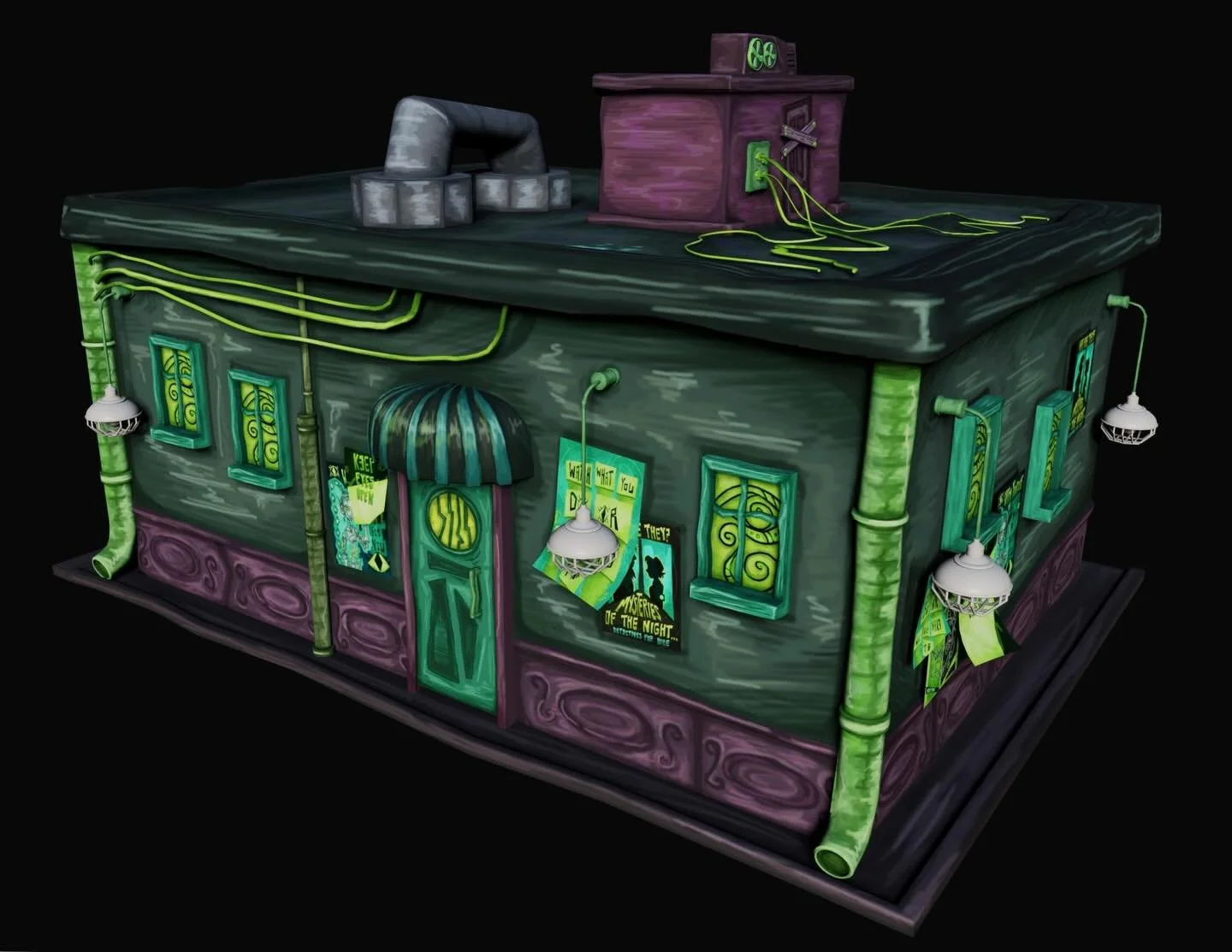 a look into the world of our upcoming project! these buildings and posters are featured in the alleyway scenes, one of the many environments you&rsquo;ll see in our newest music video, set to release very soon! 🌀💚

the models themselves are very ha