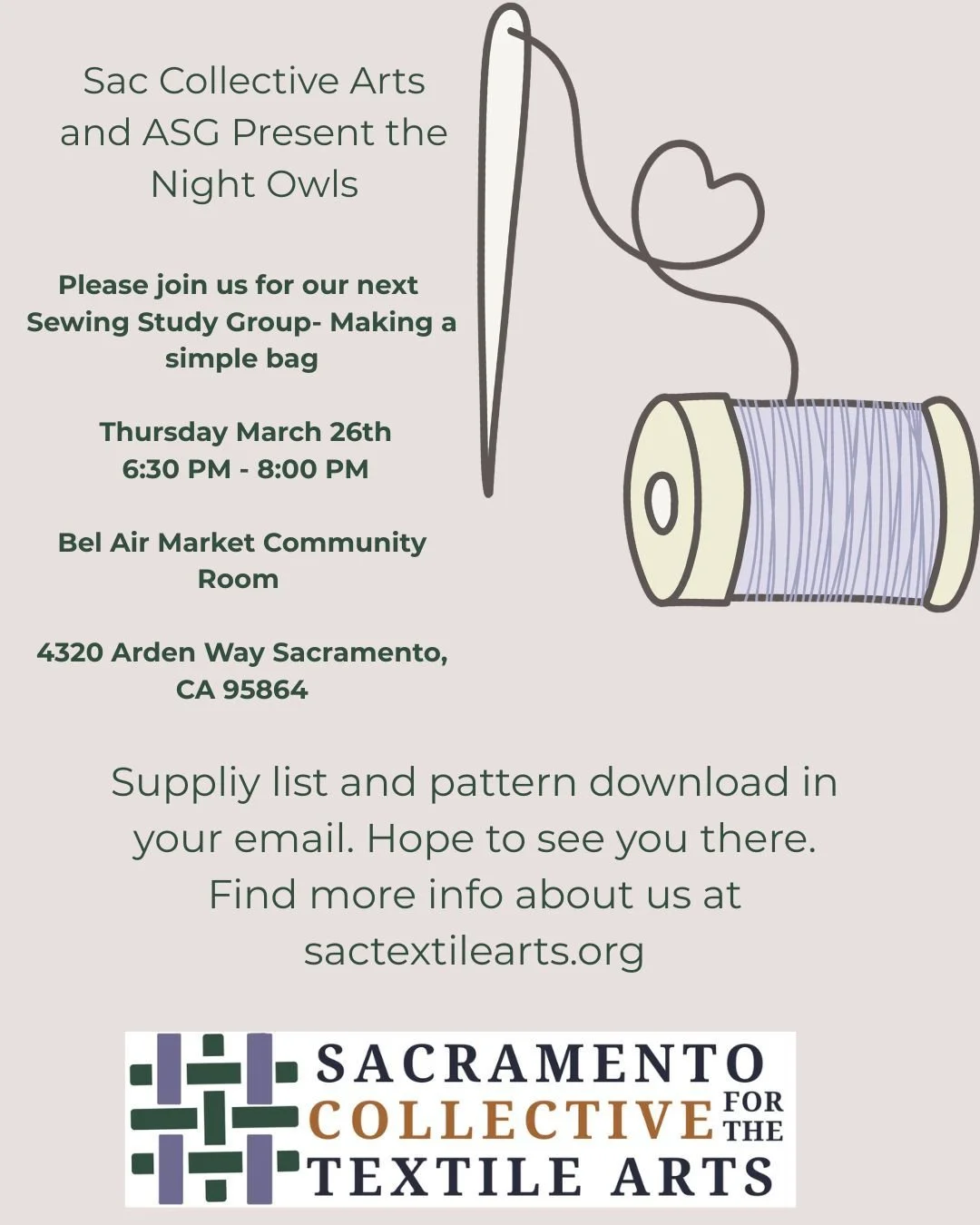 The Night Owls are a small evening sewists group ranging in abilities and projects. Come brush up those skills and learn something new with us. #sew #ASG #SCTA #sewingfriends #sewingproject