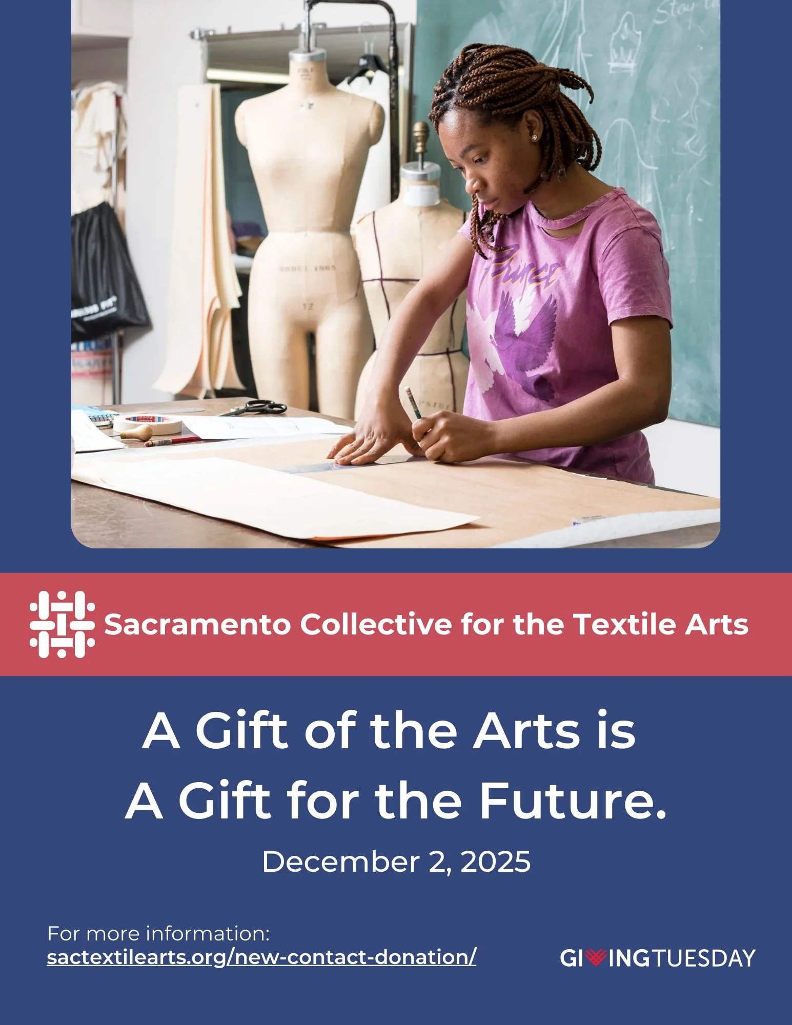 📣📣 Today is the day! During the next 24 hours, people around the world will come together to participate in a global day of giving: Giving Tuesday. 

Sacramento Collective for the Textile Arts (SCTA) has a goal of raising $2,000 in support of the S
