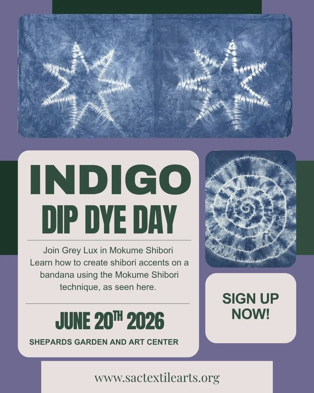 Please join us for our Indigo Dip Dye day at Shepards Garden and Art Center at 3330 McKinley Blvd. Go to our website to register for a time slot. Images created by artist Grey Lux. #scta #textileart #indigodye #sacartists