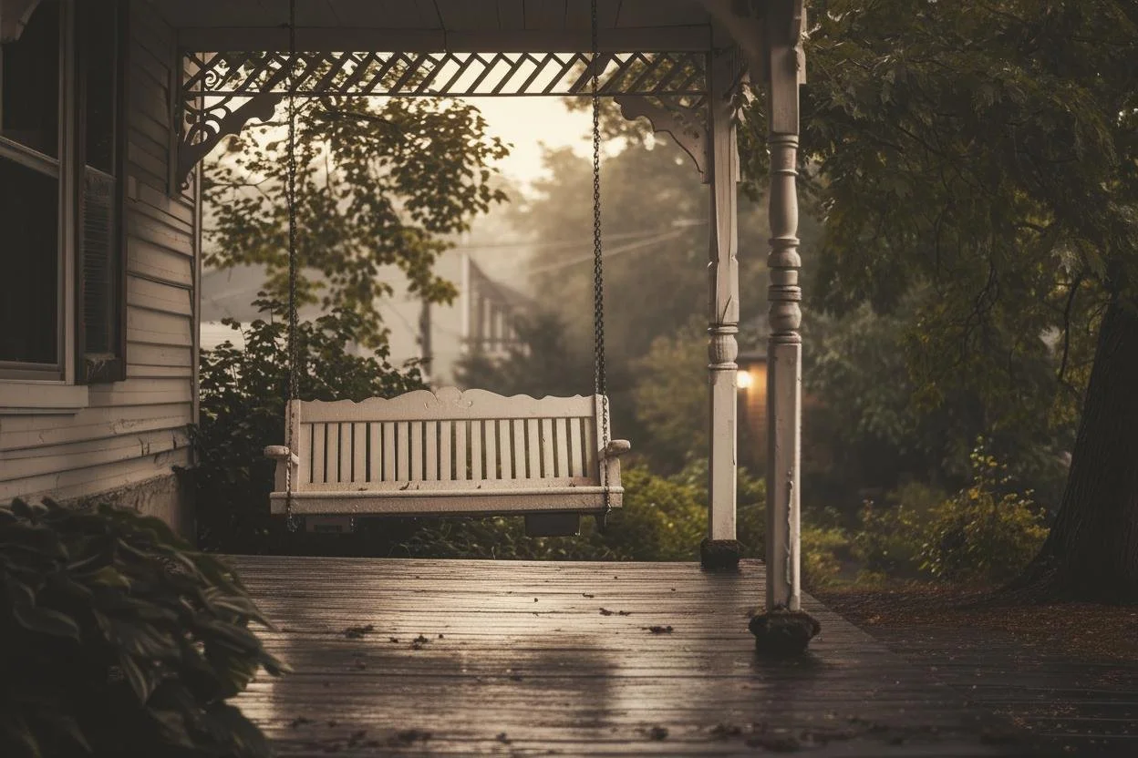 A worn wooden porch swing hanging beneath a pergola, bathed in soft hazy afternoon light with lush greenery in the background — quiet and weathered.