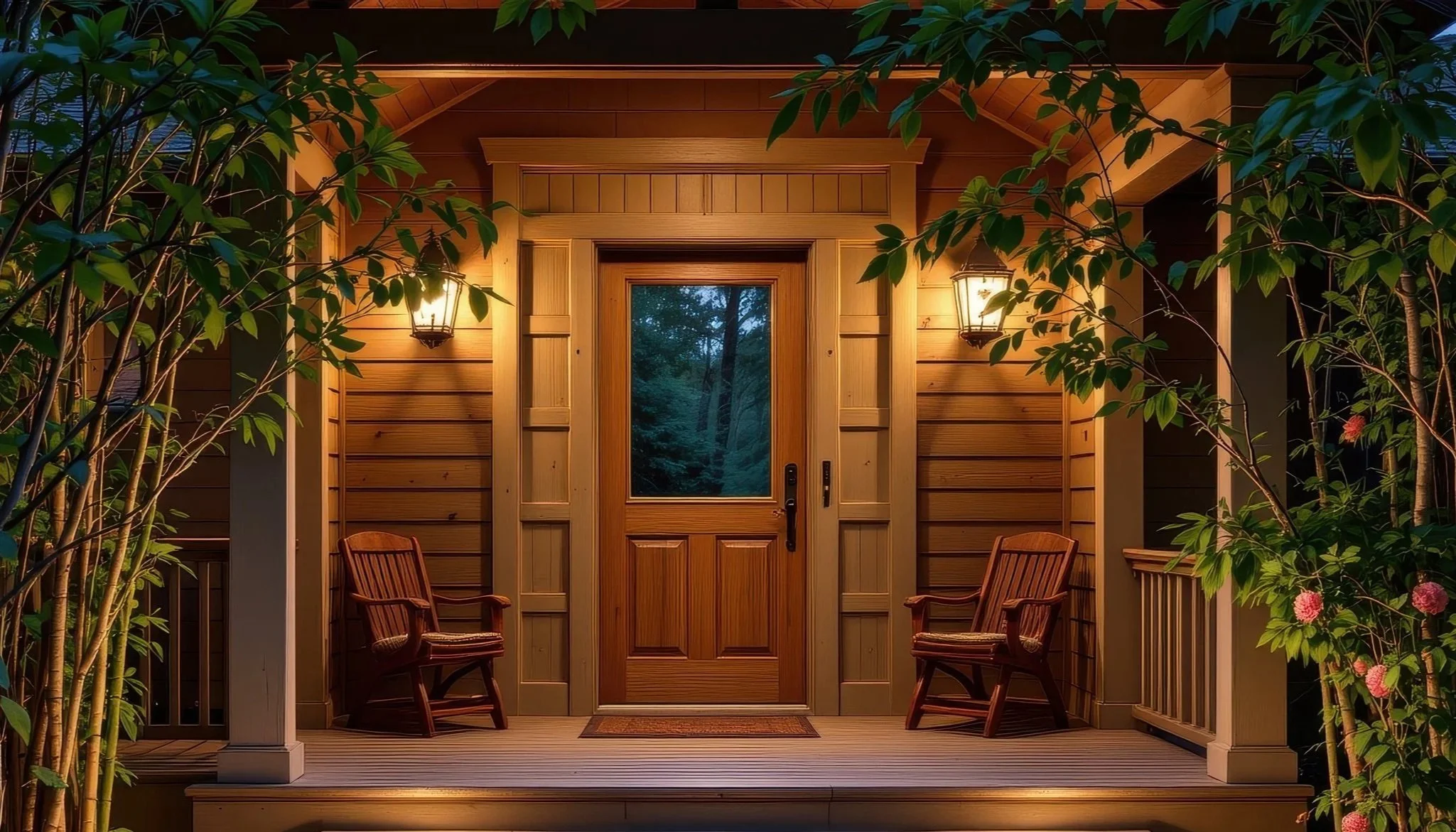 A warmly lit front porch at dusk with two empty chairs nestled among lush greenery, a wooden door glowing with welcome.