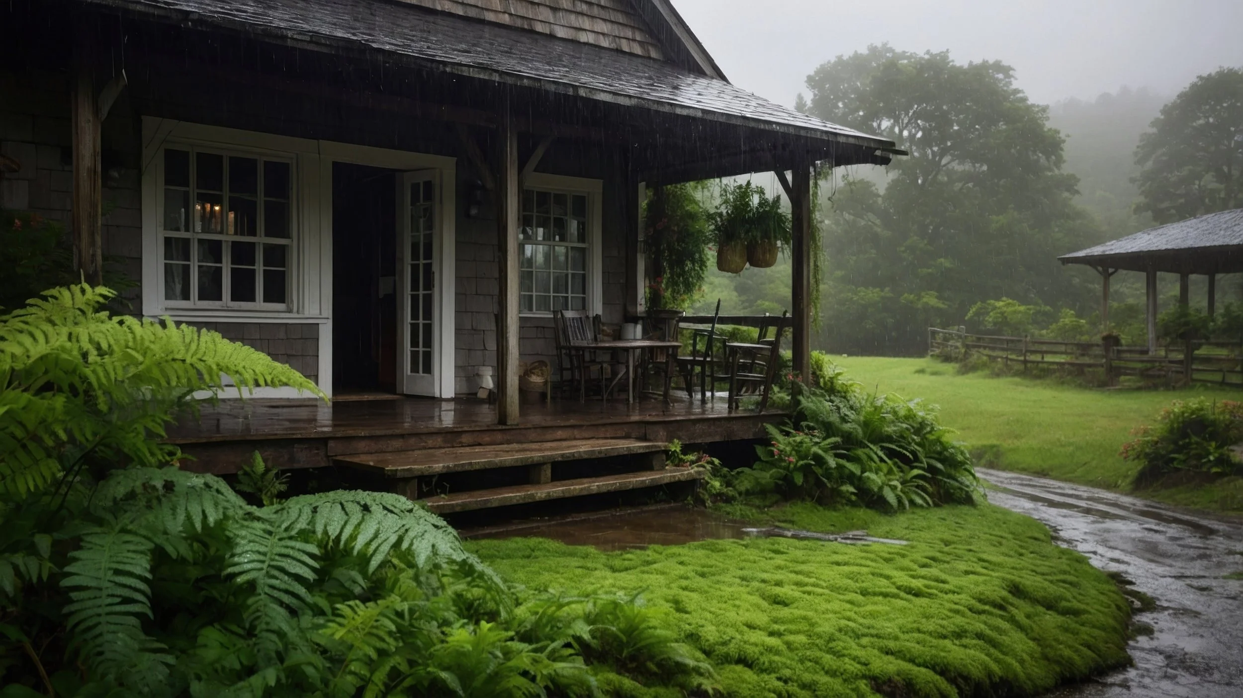 A cozy wooden porch surrounded by lush ferns and greenery on a misty, overcast day — quiet, still, and shrouded in soft gray fog.