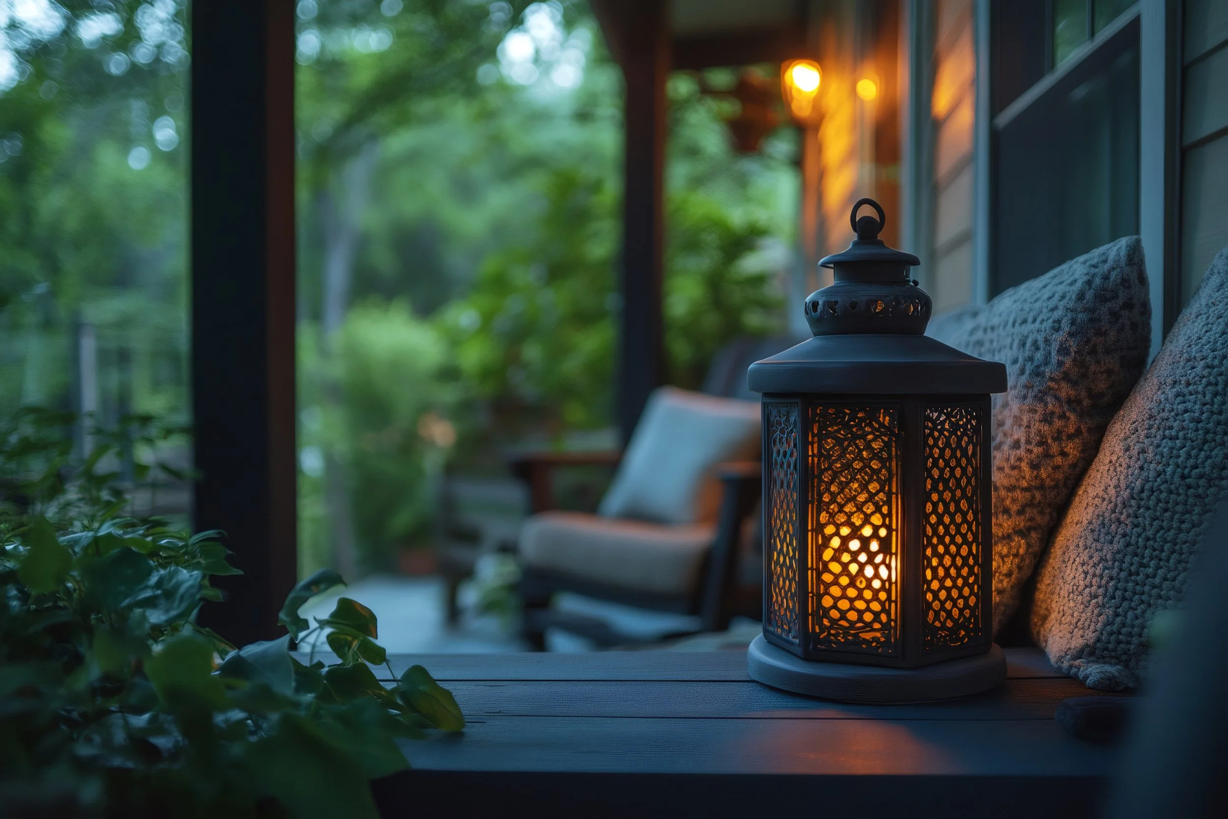 A glowing lantern sitting on a porch at dusk, casting warm light against deep green surroundings and evening shadows.