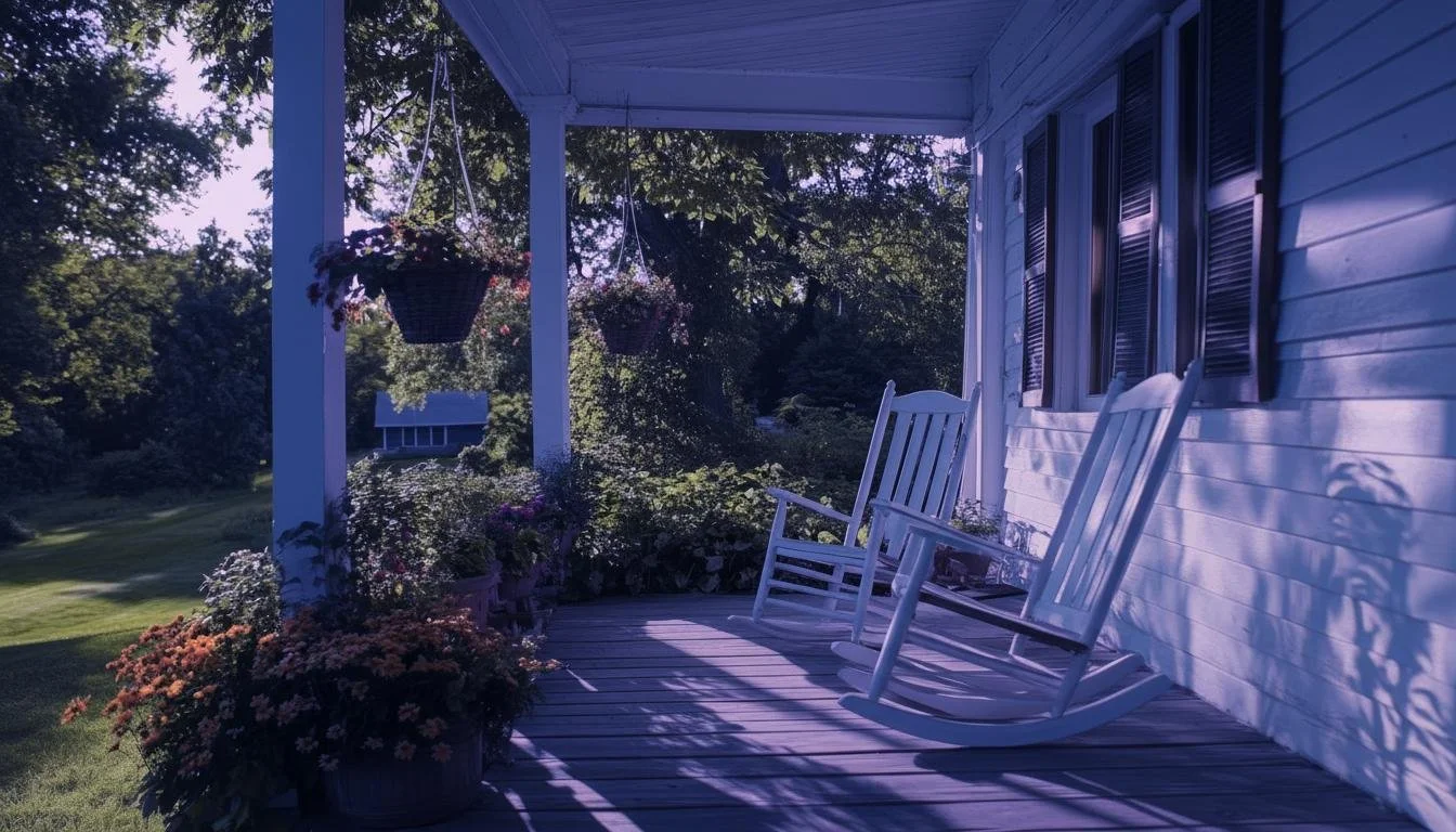 A quiet porch with white rocking chairs bathed in cool early morning light, shadows still long across the deck, suspended between night and day.