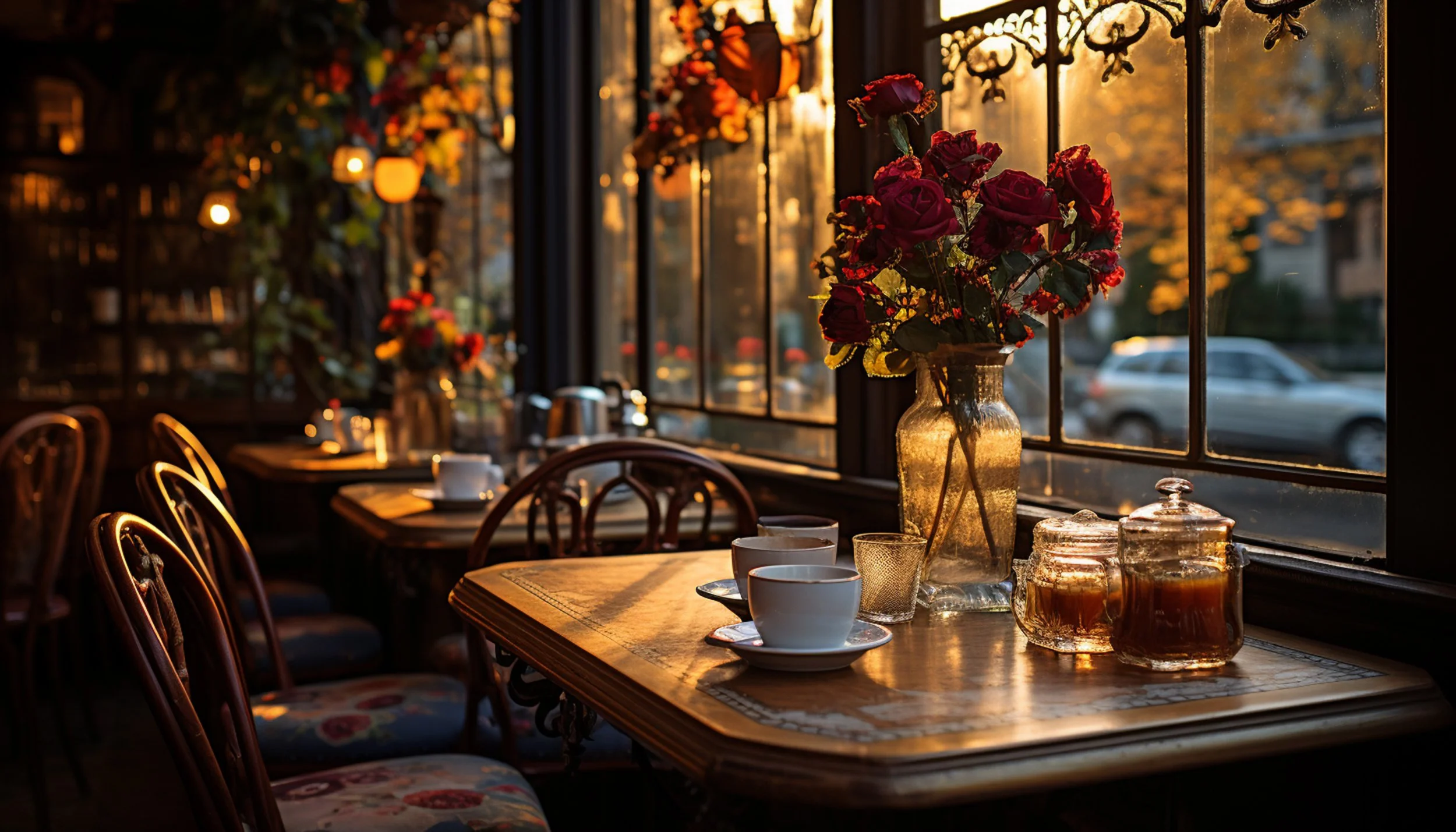 A warm café interior with fresh flowers, coffee cups, and soft golden light, with an autumn street visible through large windows — an image of unhurried presence.