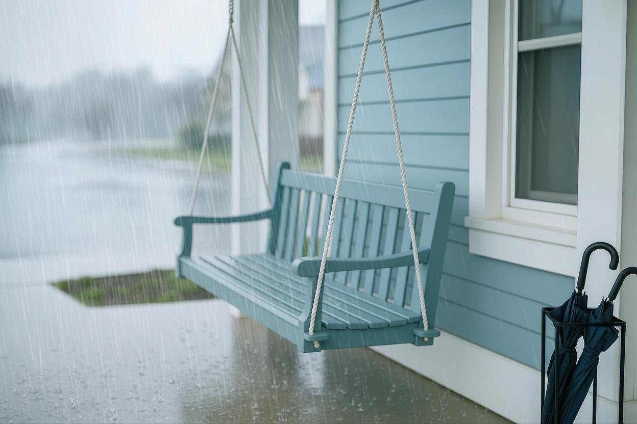 A rain-soaked porch swing sits empty beside a leaning umbrella, with a misty gray landscape visible beyond the porch railing.