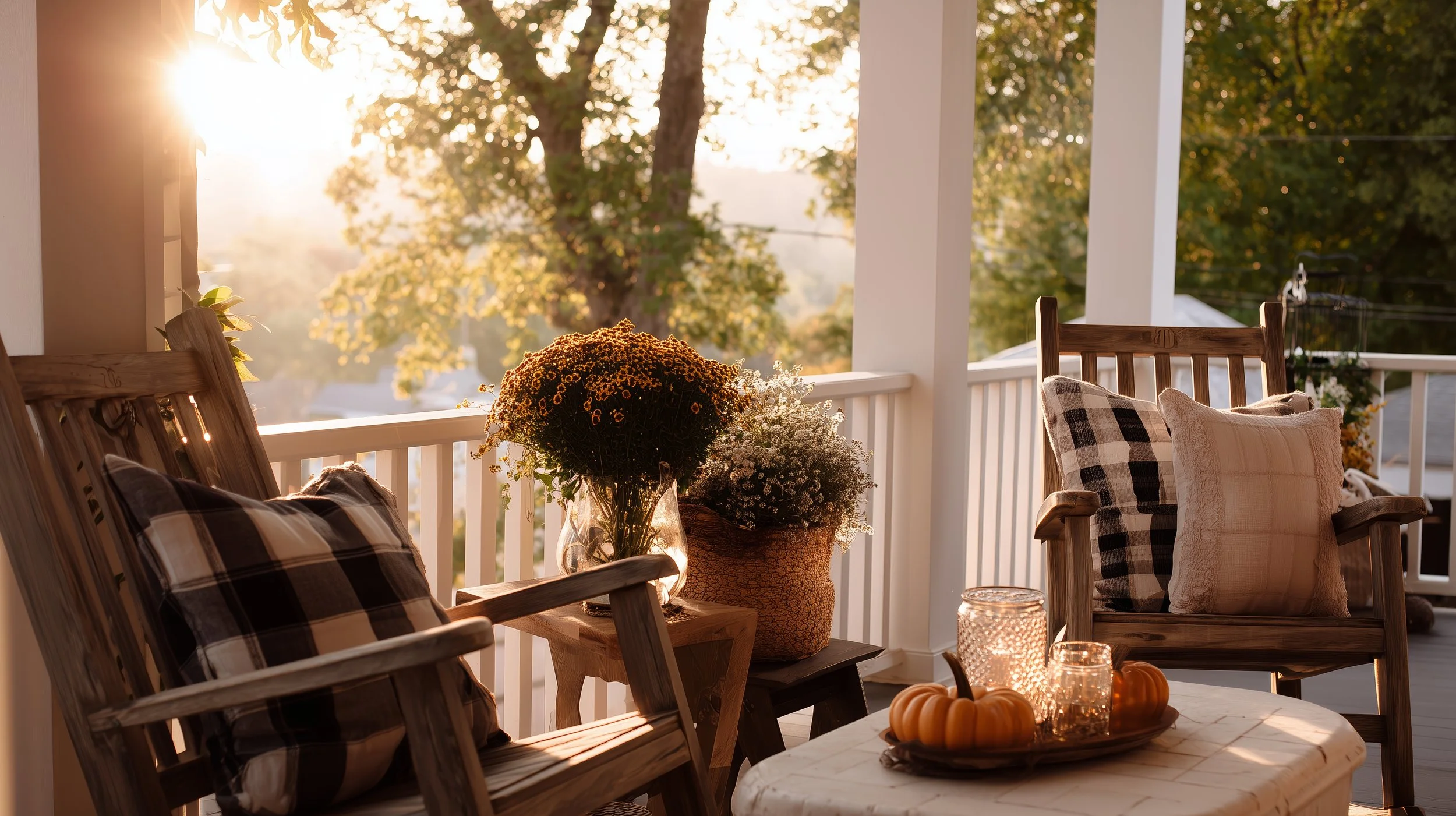 Two wooden chairs on a cozy autumn porch with plaid pillows, a lit candle, and golden afternoon light filtering through the trees — a porch set up for company.