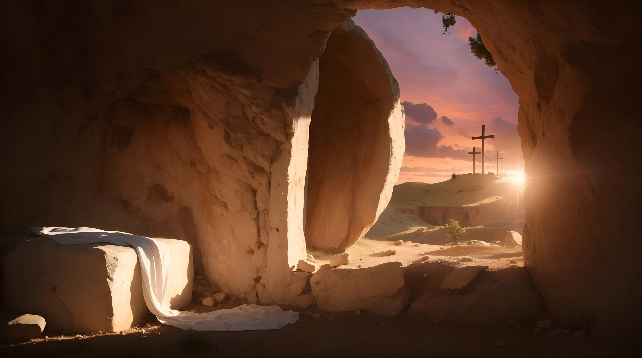 An empty tomb at sunrise, burial cloth left behind, with golden light pouring through the opening and three crosses visible on the horizon.